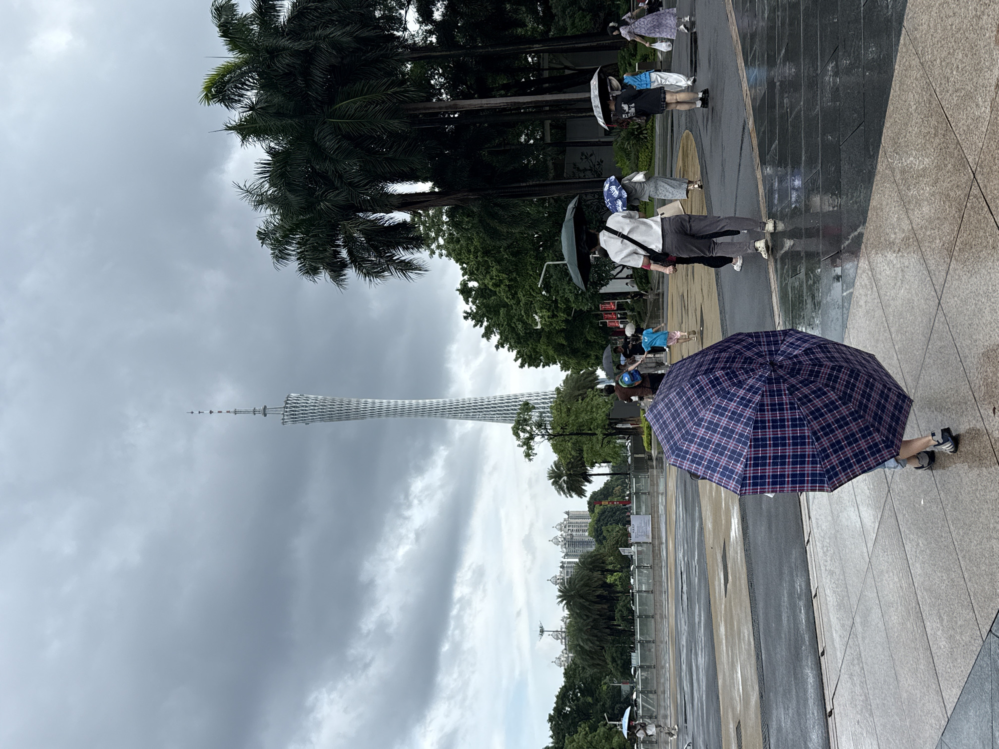 In Tianhe District, China, on a cloudy day, a person walks with a large, checkered umbrella. The wet pavement reflects the overcast sky. Several other people, some with umbrellas, are visible in the background. A tall, lattice-like tower, the Canton Tower, stands prominently in the distance. Palm trees and lush green foliage line the pathway, and modern buildings can be seen behind the trees. The scene appears to be a public square or park area, likely a tourist destination, with people navigating the wet conditions.