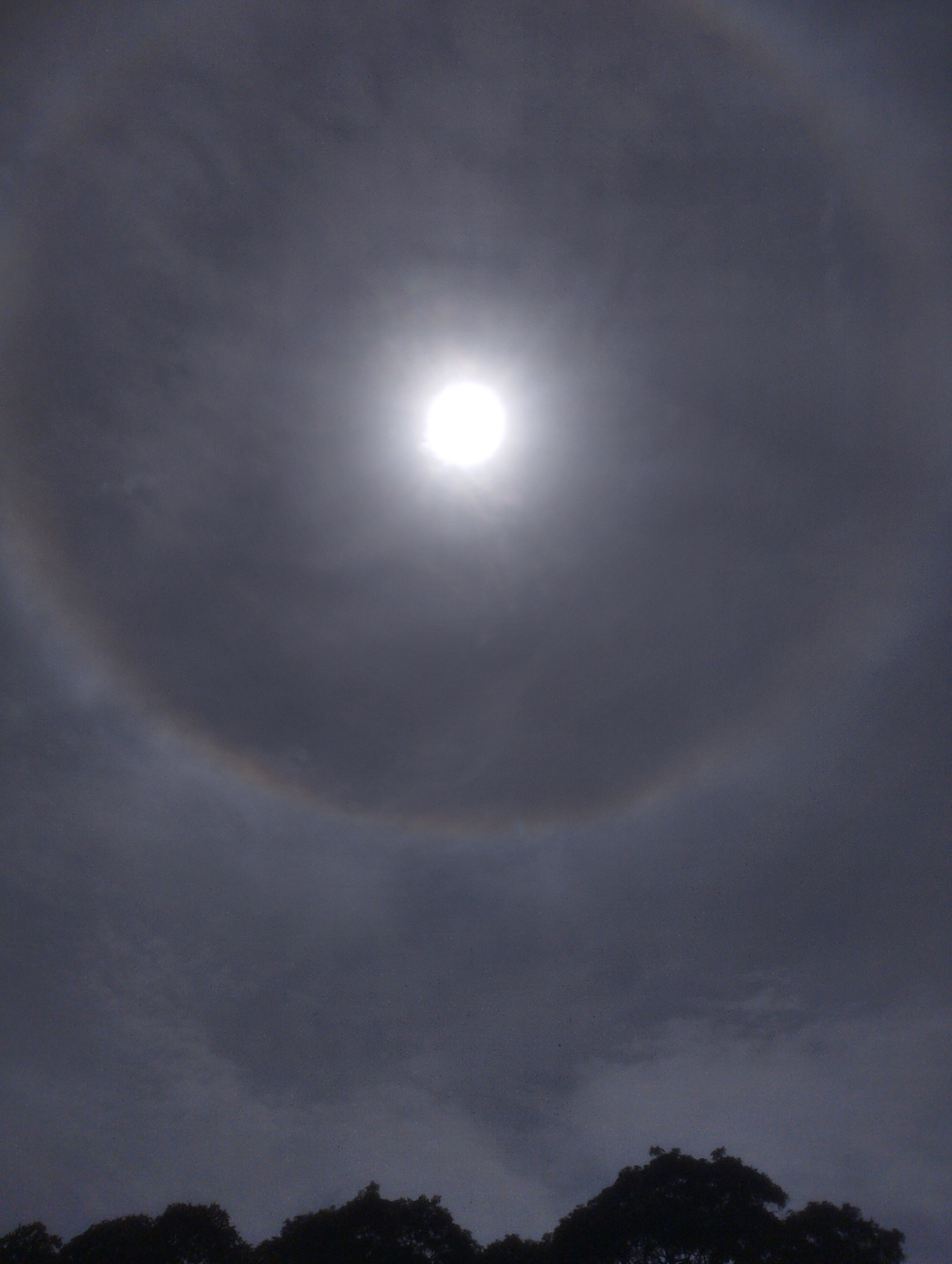 The image depicts a sun halo observed in the sky above Jos, Nigeria. The sun is a bright, white circle at the center of the frame, partially obscured by dark, overcast clouds. A faint, colorful ring, characteristic of a sun halo, encircles the sun. The lower portion of the image shows the silhouetted tops of trees against the cloudy sky. The overall atmosphere is dim and diffused due to the cloud cover, with the halo being the most prominent optical phenomenon.