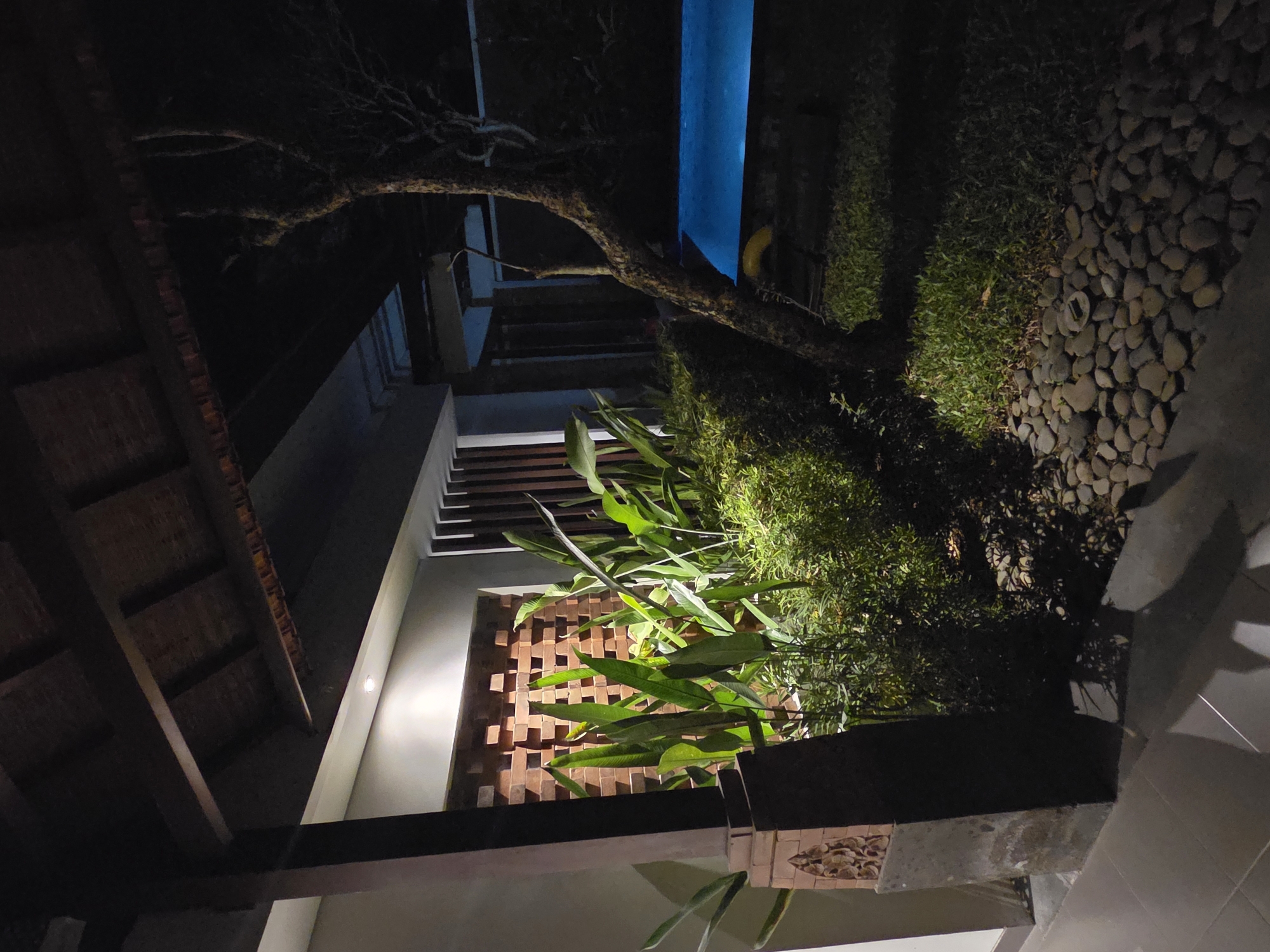 At night in North Kuta, Indonesia, a view of a landscaped outdoor area. There's a tree branch extending across the upper part of the scene. Below and to the right of the branch is a patch of grass and some pebbles. To the left is a building structure with a wooden lattice wall partially illuminated. Above this wall are steps, and in the distance, a strip of blue light suggests a pool. The overall scene has a dim, nocturnal ambience.