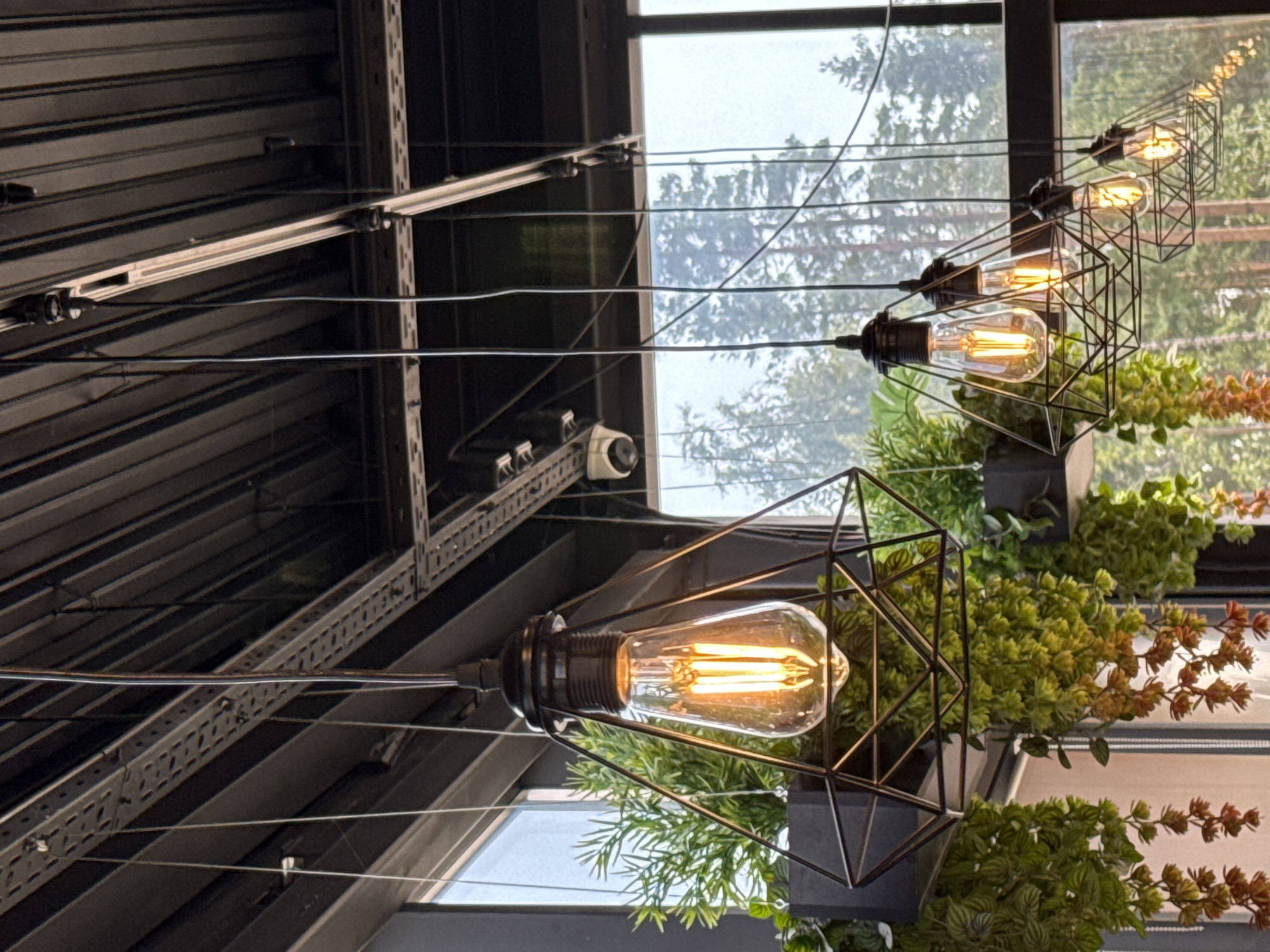 The image shows a close-up view of a modern interior, likely a restaurant or cafe, with a focus on decorative pendant lights. The lights feature Edison-style bulbs housed within geometric, open-frame shades. These lights hang from the ceiling, which is industrial in design with exposed beams and metal grating. Hanging plants cascade down from planters that are integrated with the lighting fixtures. Large windows in the background reveal a view of pine trees, suggesting a location in a natural or semi-rural setting. The overall aesthetic is contemporary and nature-inspired. There are no people visible in the image. The location is specified as Peski, Russia.