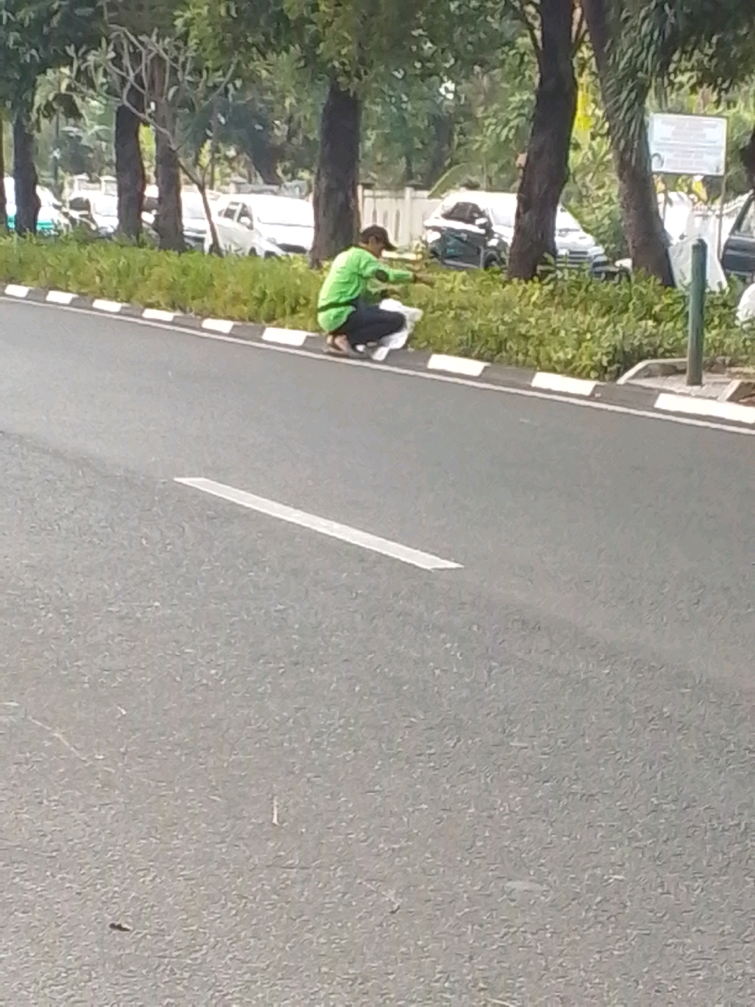 A person wearing a bright green shirt and dark pants is crouching by the side of a road in East Jakarta, Indonesia. The person appears to be cleaning or picking up something from the ground, holding white plastic bags. Behind the person is a roadside verge with green grass and trees. Cars are parked or driving in the background. The road has a white line painted on it. The scene is outdoors, with daylight visible.