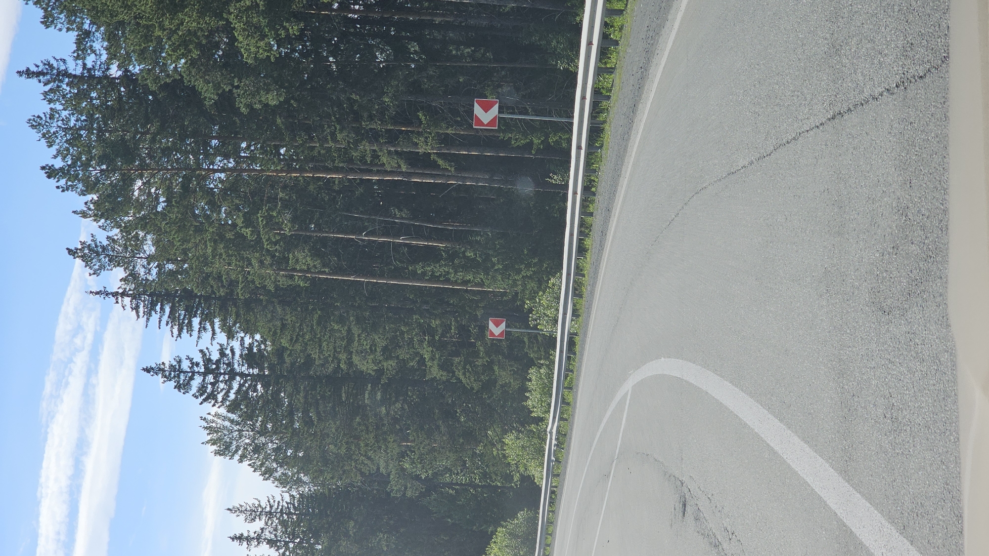The image depicts a road in a wooded area, possibly in Revda, Russia. The road curves to the right, with a guardrail lining its edge. On the left side of the road, tall evergreen trees form a dense forest. The sky is blue with some wispy white clouds. There are two road signs visible, both indicating a sharp curve to the left with a chevron symbol. One sign is positioned higher than the other. The road surface appears to be asphalt, and there are white lane markings. The lighting suggests it is daytime, and the weather appears clear. The scene evokes a sense of travel through a natural landscape. No people or specific events are depicted.