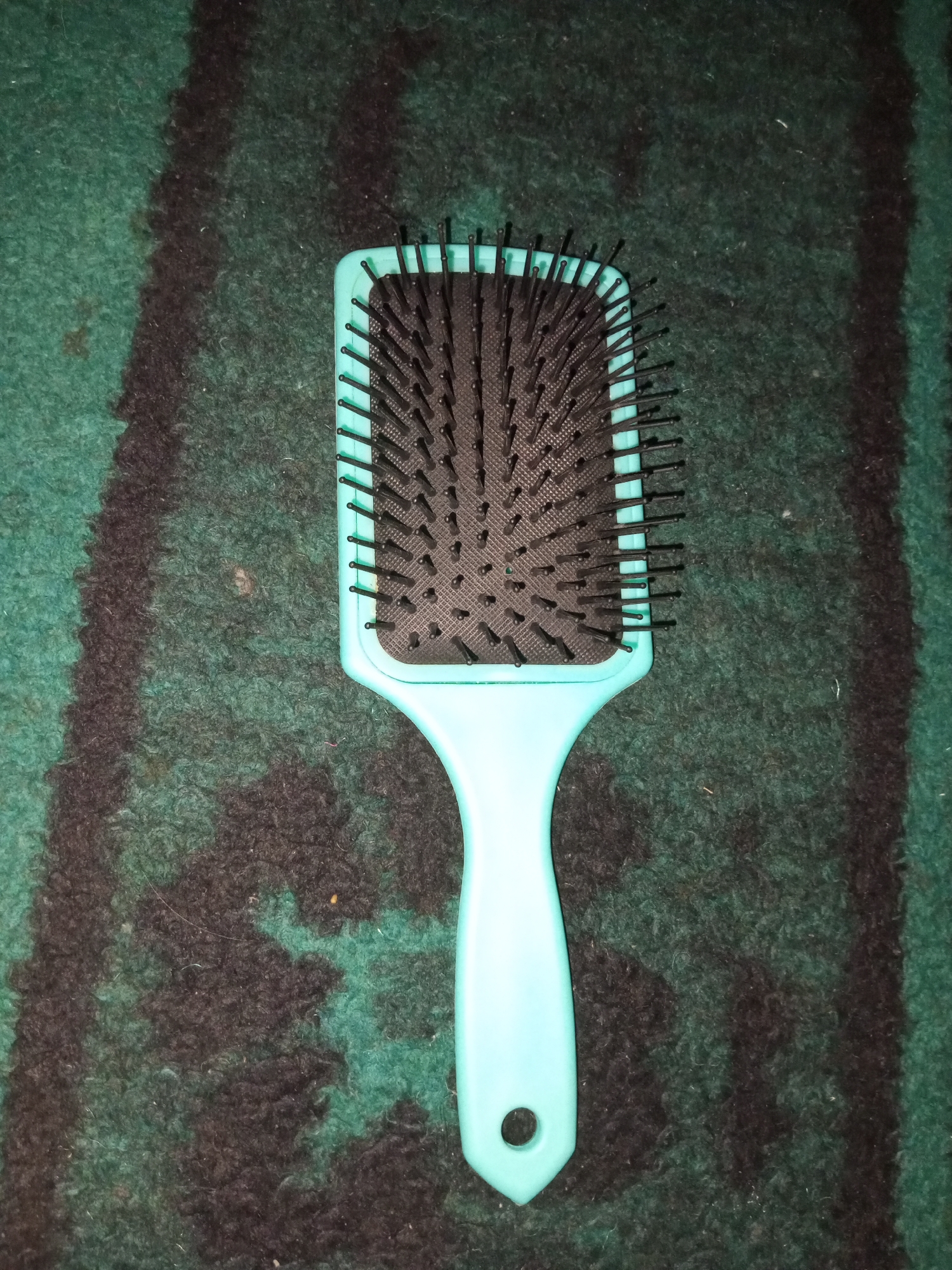 A light blue paddle brush with black bristles lies flat on a dark green and black striped rug. The brush is oriented vertically, with the handle at the bottom and the head at the top. The bristles are arranged in neat rows and appear to be made of plastic. The rug has a shaggy texture and the stripes are uneven in width. The scene appears to be indoors, possibly in a home, and there are no people visible. The lighting suggests it is daytime. The image does not contain any information that places it in Erzin, Turkey.