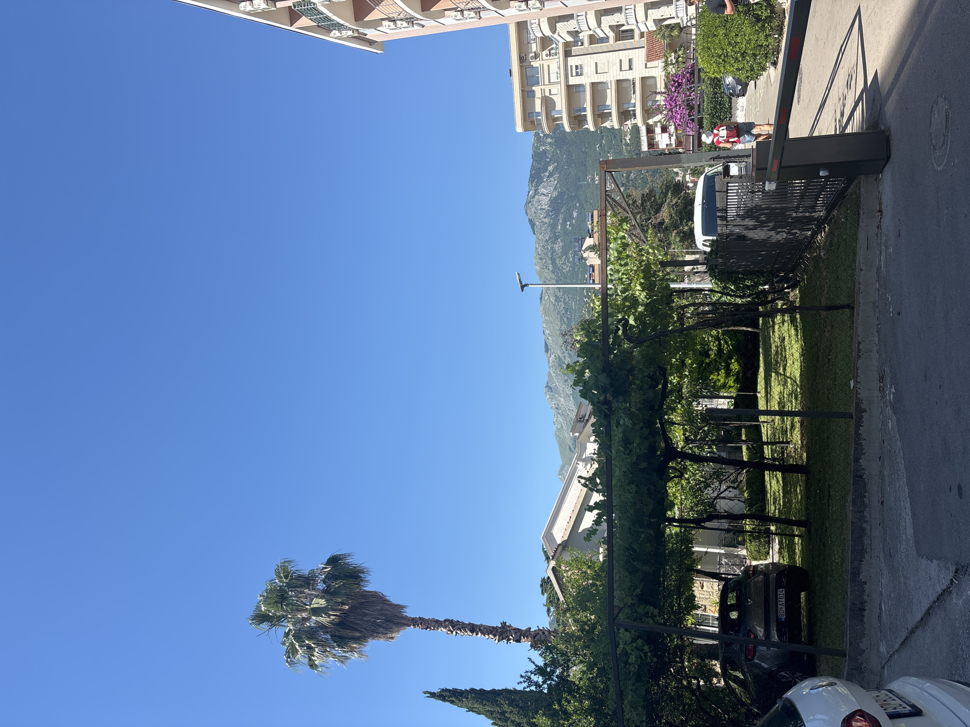 This is a full, eye-level, vertical shot of a bright, sunny day in Budva, Montenegro. In the foreground, a black metal gate with a red and white striped barrier arm is partially open, allowing access to a residential area. To the left of the gate, a dark-colored car is parked in front of a lush green lawn shaded by a vine-covered pergola. A white van is visible behind the gate.
Further back, a multi-story apartment building with cream-colored facades and rounded balconies dominates the right side of the frame. Behind the residential buildings, a range of rugged, green mountains rises against a clear blue sky. A tall palm tree stands prominently to the left of the frame, its fronds reaching towards the sky. A slender cypress tree is visible to the left of the palm tree. A person wearing a white hat, red shirt, and blue shorts is walking away from the gate, heading towards the apartment buildings.