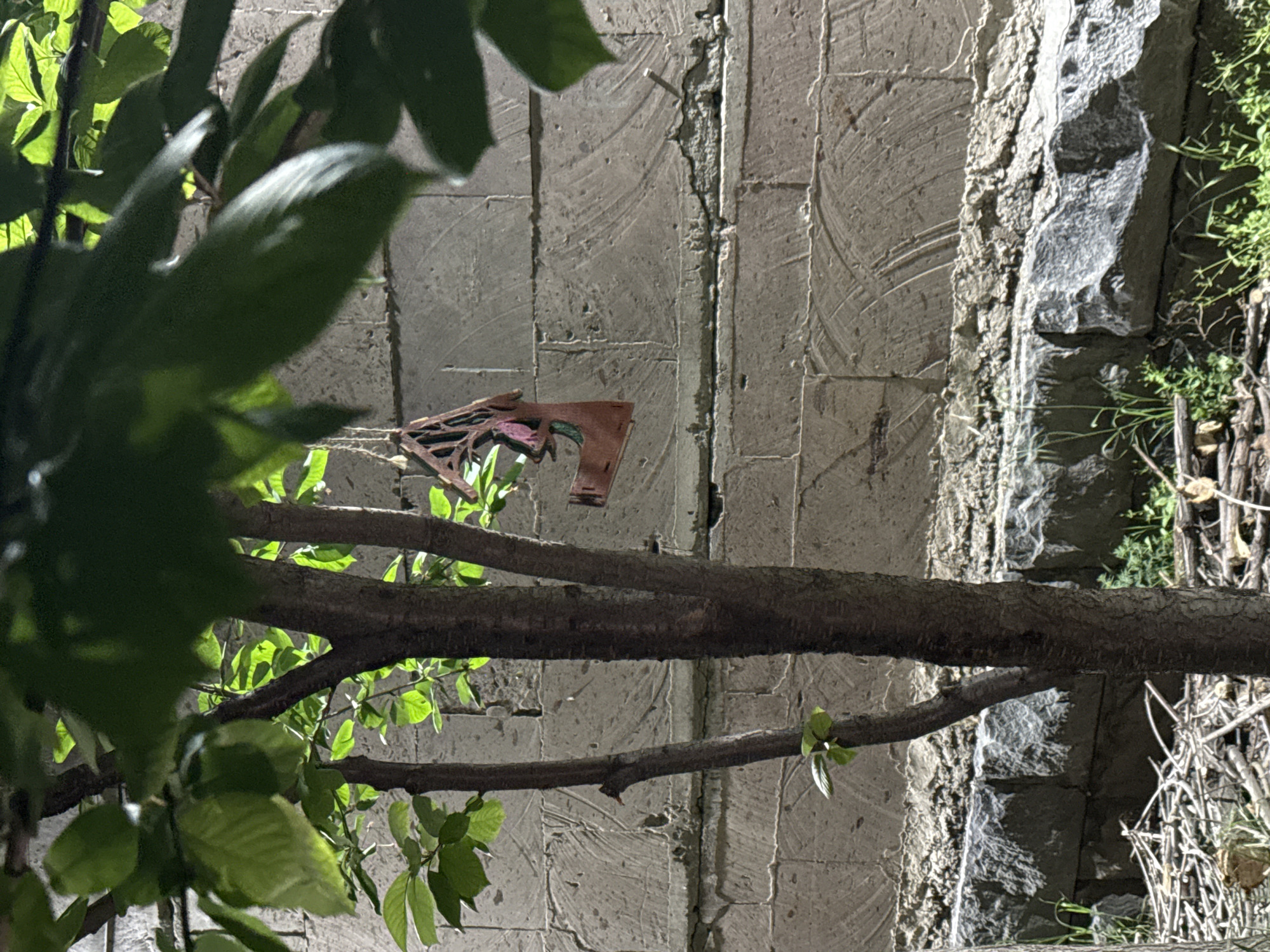 The image shows a view through tree branches towards a wall, likely an exterior structure. The wall is constructed of large, gray, rectangular stones or concrete blocks, possibly textured to resemble stone. The right side of the wall has a more rugged, natural stone appearance. There is a wooden object hanging on one of the branches, appearing to be a decorative or perhaps an arrow-shaped piece with an intricate design. Green plants are visible on the left and the right side of the image. The overall lighting is dim, suggesting that the picture was taken at night. It is not possible to ascertain the location in the city of Yerevan, Armenia without additional information.