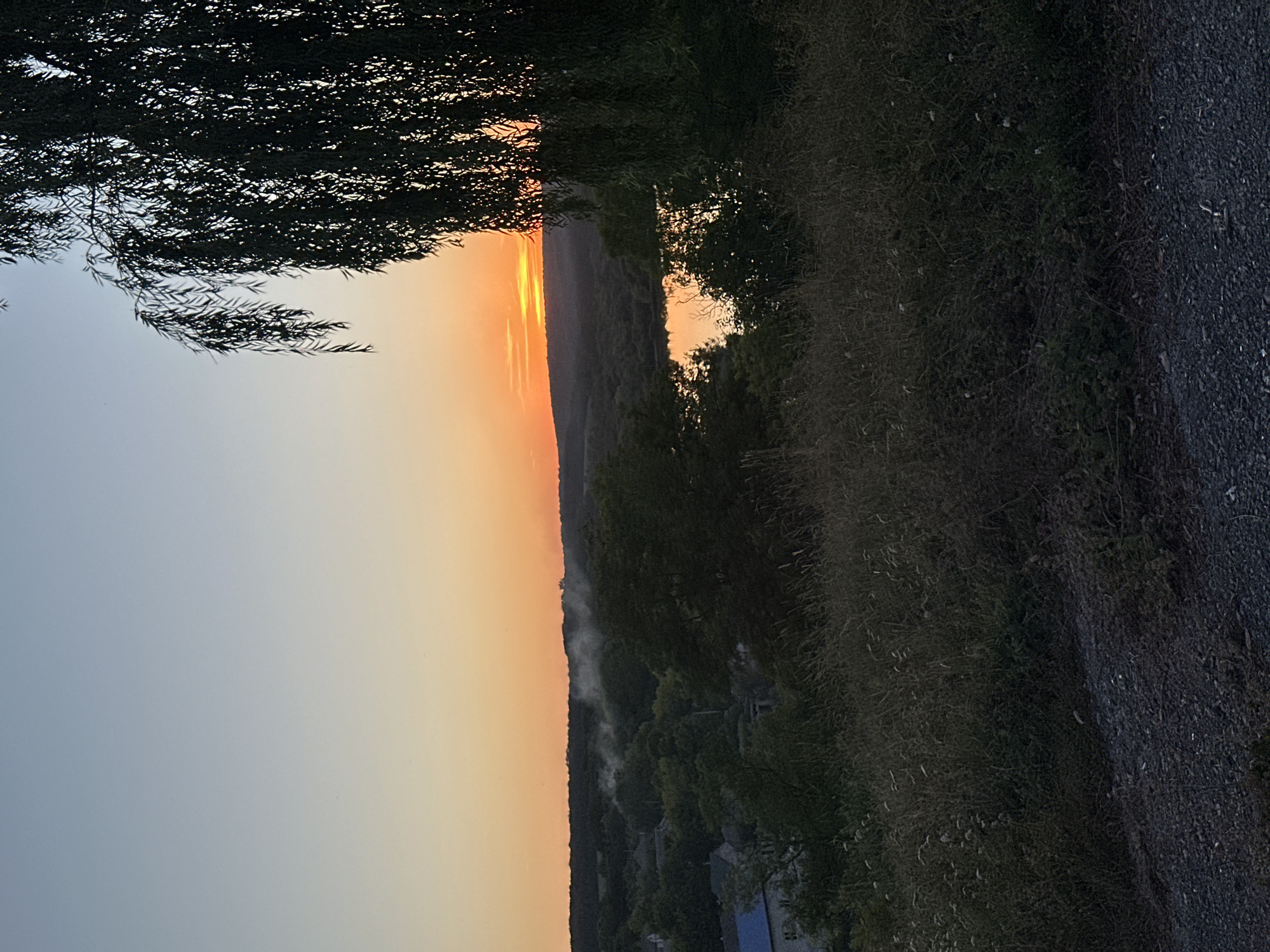 An aerial view captures a sunset over a village, likely in or near Makiv, Ukraine. The sky is a gradient of soft blues and oranges, with the sun just dipping below a distant, tree-lined horizon. In the middle ground, a body of water reflects the warm hues of the sunset. Houses with dark roofs are nestled among lush green trees, and a wisp of smoke rises from a cluster of buildings, suggesting a hearth fire or activity. The foreground is dominated by a grassy slope covered in dry, brown vegetation and a gravel path. A weeping willow tree with dark, drooping branches partially obscures the right side of the scene. The overall impression is one of peaceful rural life at the close of day.