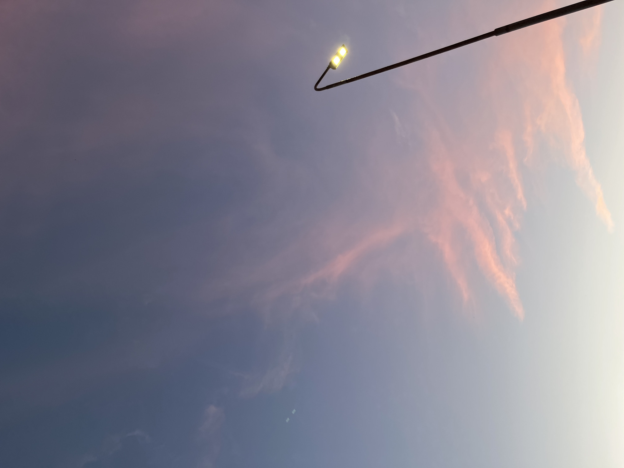 An upward shot of the sky at dusk. A single lamppost with two illuminated bulbs is positioned on the right side of the frame. Wispy clouds streaked with pink and purple hues are scattered across the vast expanse of the twilight sky. The lower portion of the image transitions to a pale, almost white gradient. There are no people or animals visible. The image does not provide any specific information about its location in Saint Petersburg, Russia.
