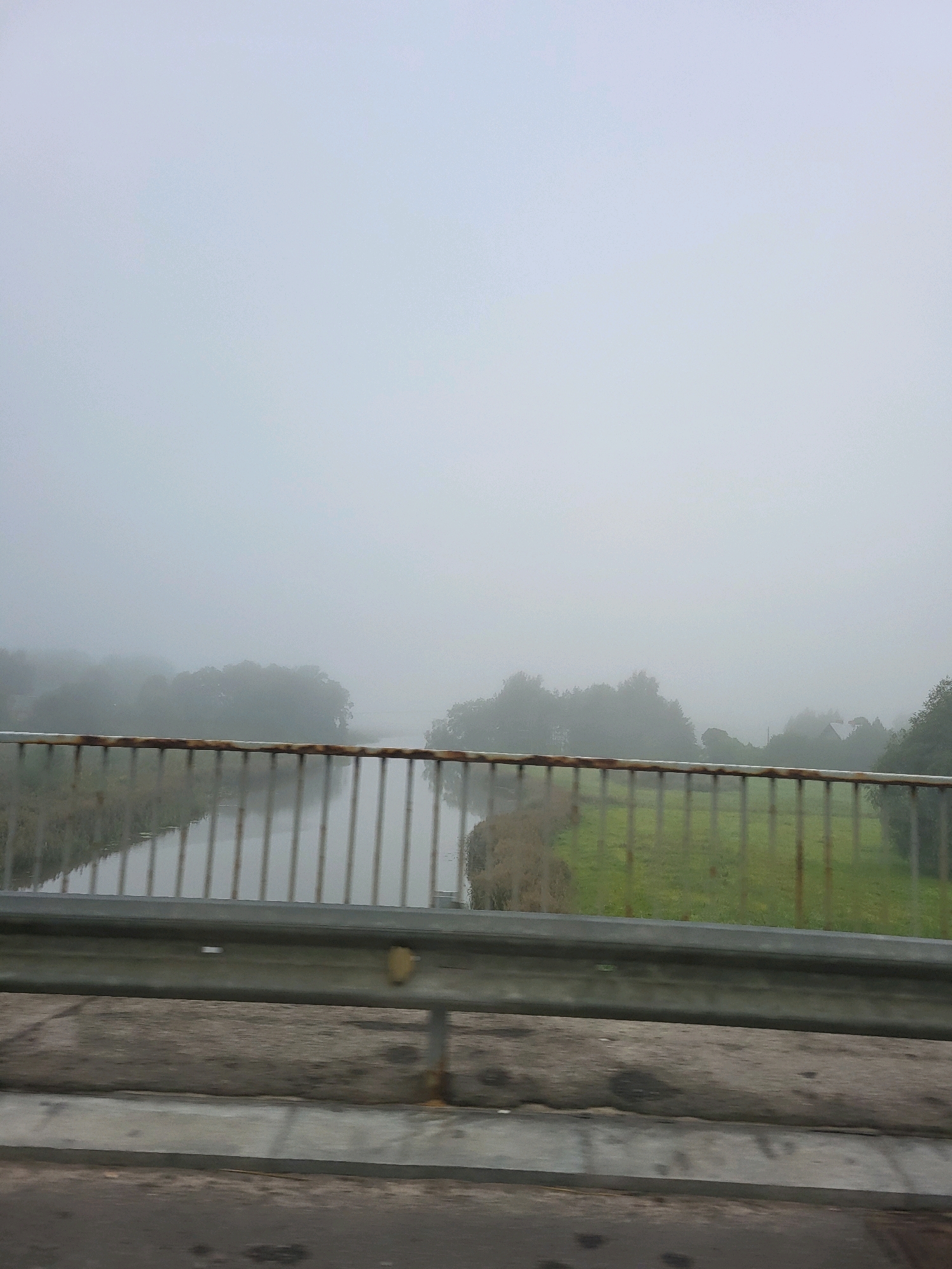 A misty, overcast day is depicted from the perspective of someone on a bridge. In the foreground, a metal guardrail, showing signs of rust, runs horizontally across the image. Beyond the guardrail, a body of water, likely a river, is visible, reflecting the muted sky. The water is bordered by a grassy embankment and a line of trees shrouded in thick fog. The overall atmosphere is subdued and serene, with limited visibility due to the fog. This scene is consistent with a location in Jelgava, Latvia, known for its proximity to waterways and natural landscapes which can become enveloped in fog.