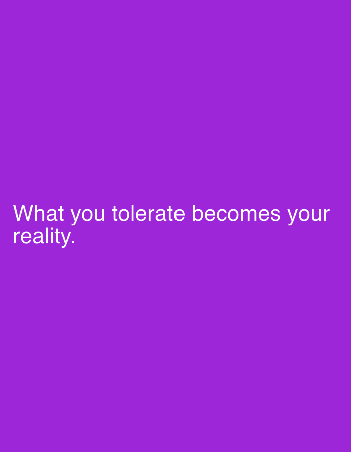 The image displays white text centered against a solid, vibrant purple background. The text reads: "What you tolerate becomes your reality." The font appears to be a clear, sans-serif typeface. There are no people, objects, or specific scenes depicted; the image is entirely textual and abstract. No discernible activity or event is taking place, nor are there any visual cues regarding the time of day, weather, or a specific location within the image itself. The message conveys a reflective or motivational sentiment. The image is presented with a location context of Sofiivska Borshchahivka, Ukraine, although this location is not visually represented in the media file.