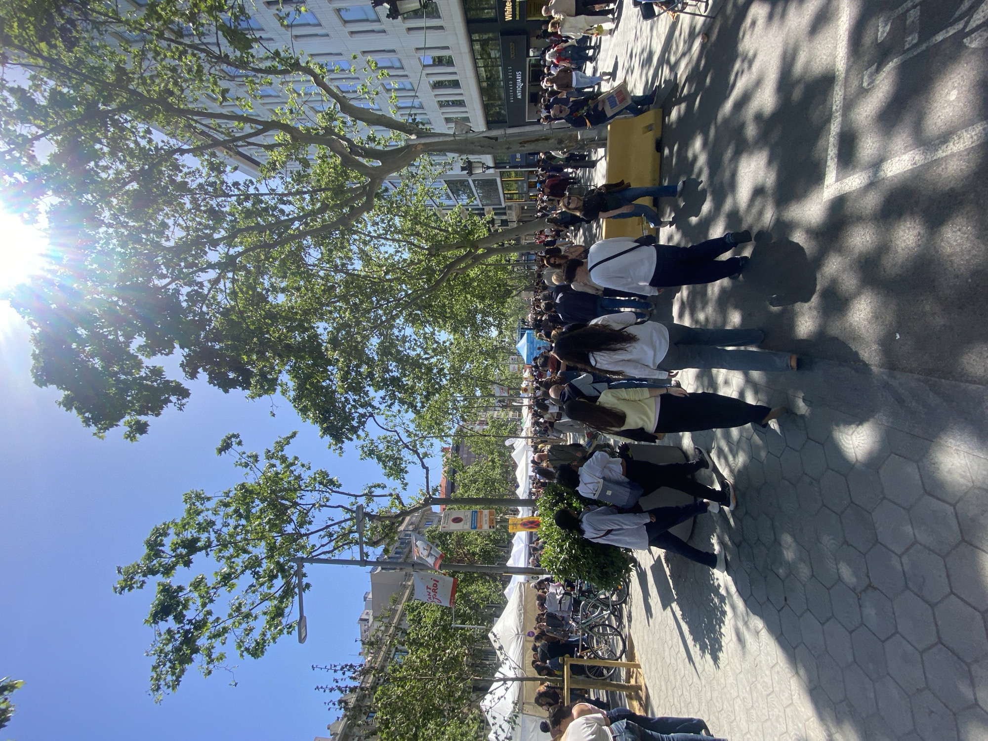 The image shows a street scene in Barcelona, Spain, possibly along Las Ramblas, crowded with people walking on a sunny day. Buildings line the street, interspersed with trees providing shade. Some tents or stalls are visible along the side of the street, suggesting a market or event. Several bicycles are parked by the side of the road. The street pavement is patterned with hexagonal tiles. A small group of people further down the street appear to be carrying signs, potentially indicating a demonstration or gathering.