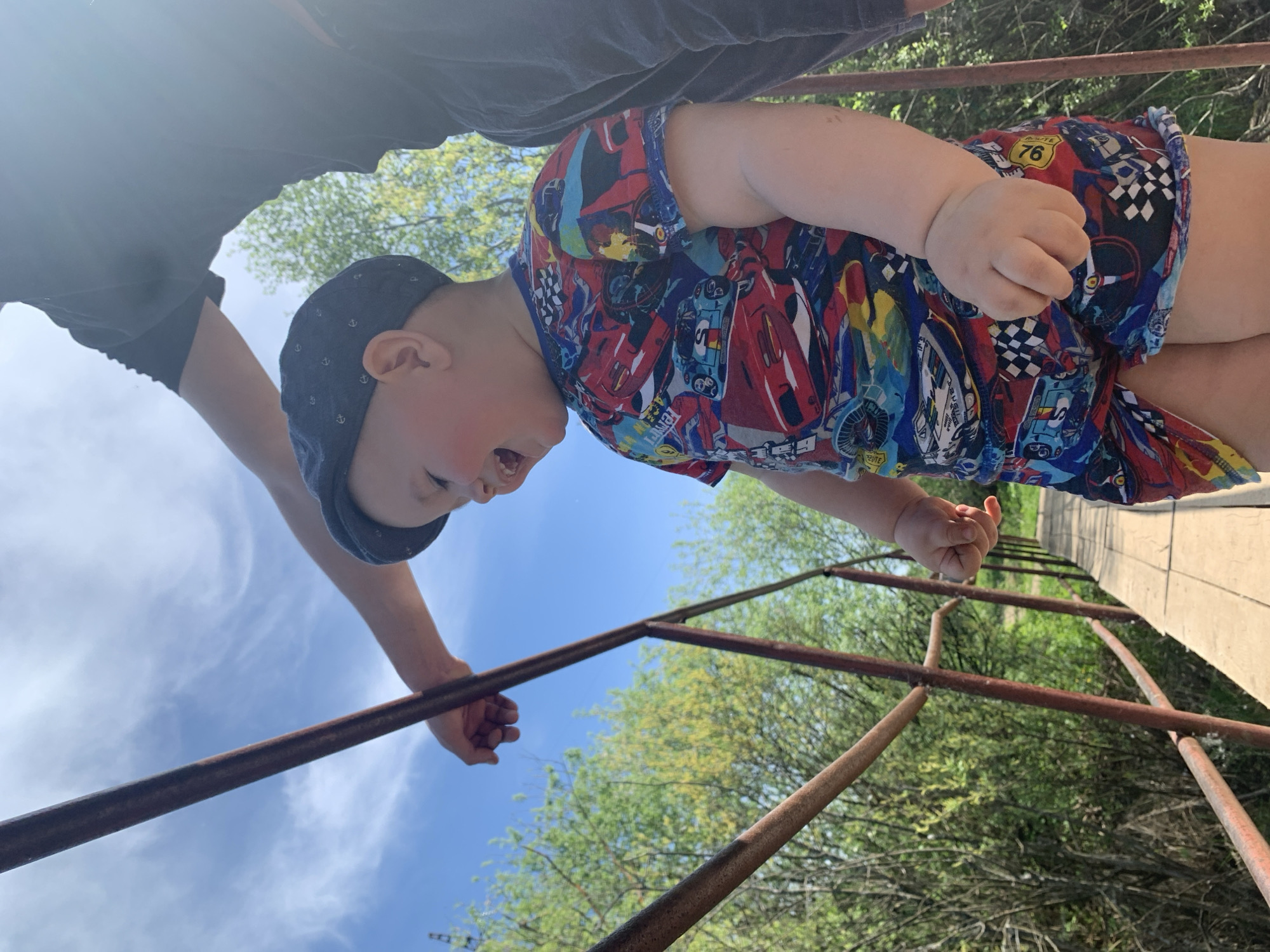 A baby wearing a blue patterned hat and a red, blue, and yellow car-themed outfit is being held over a metal railing by an adult wearing a dark shirt. The baby is reaching out with one hand towards the railing. The background includes a blue sky with light clouds, green trees, and part of a concrete structure. The location appears to be a park or natural area. This image was taken in Фоки, Russia.