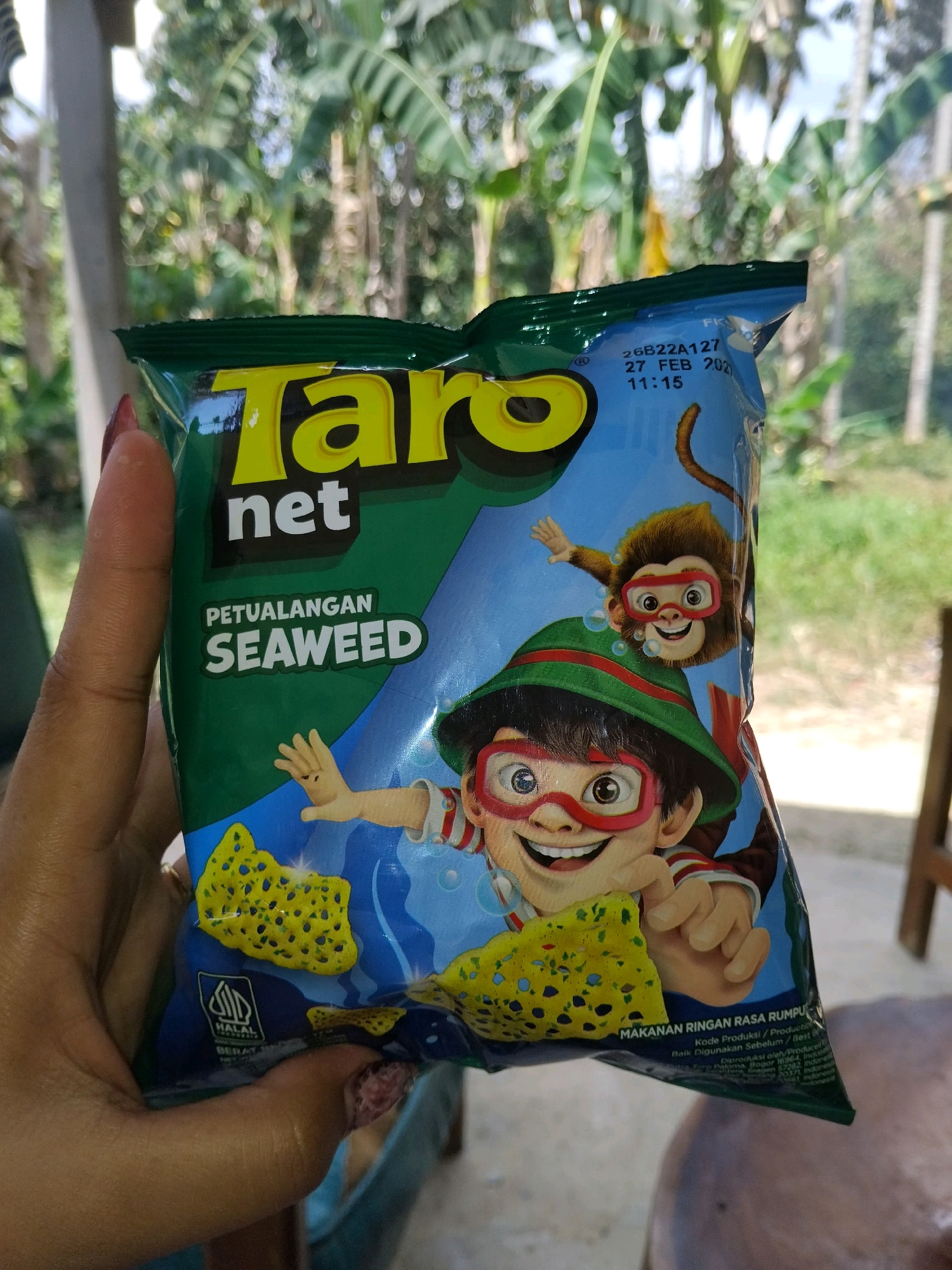 A person's hand, with painted fingernails, holds a green and blue snack bag. The bag features cartoon characters, including a boy in a green hat and goggles and a monkey in similar goggles. The text on the bag includes "Taro net" and "PETUALANGAN SEAWEED." A date and time stamp "27 FEB 2023 11:15" is visible on the upper right of the bag. The background shows lush green foliage, suggesting an outdoor setting. The presence of banana trees in the background indicates a tropical environment, consistent with Andoolo, Indonesia. The lighting suggests it is daytime.