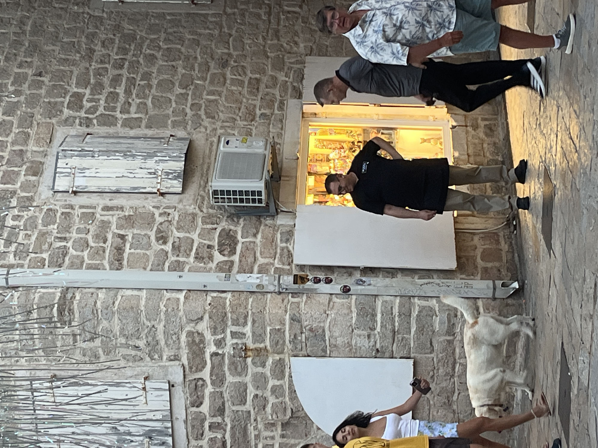 The image shows a street scene in Budva, Montenegro. In the foreground, a woman in a white tank top and patterned shorts is walking a light-colored dog. The dog has patches of brown on its back and tail. Behind them, a man in a black t-shirt and khaki pants stands in front of a brightly lit shop window. Two other men are standing near the shop. One man in a grey polo shirt and black pants is facing away from the camera, while another man in a floral shirt and light-colored shorts is facing the camera. The buildings in the background are made of stone and have wooden shutters. An air conditioning unit is mounted on the wall above the shop. The ground is paved with cobblestones. The overall scene suggests a casual, urban environment.