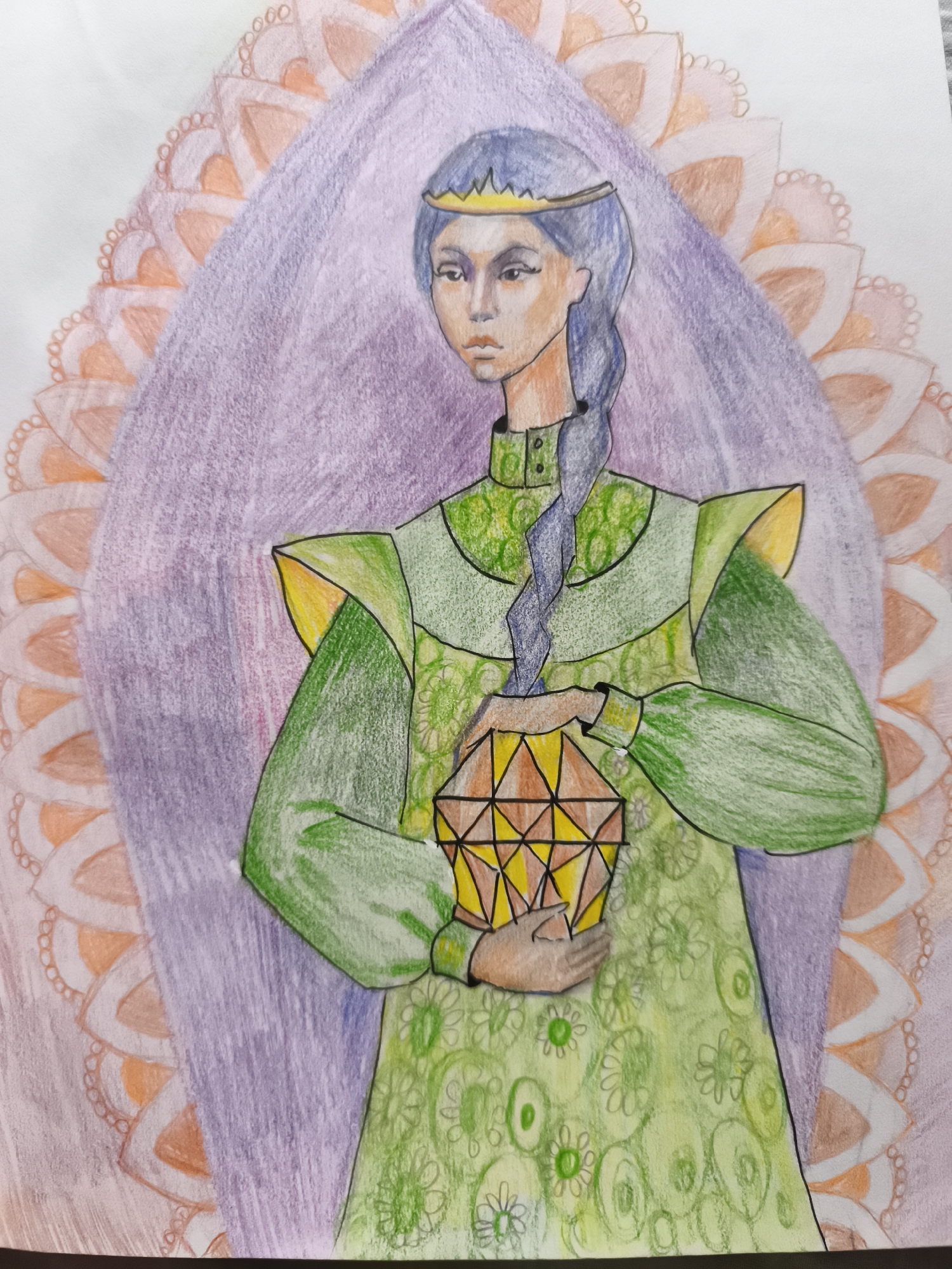 The image is a drawing of a person wearing a green dress and a crown. The person is holding a yellow, geometric object. The background is a purple and orange mandala. The image does not contain any information about the city of Saint-Denis, France.