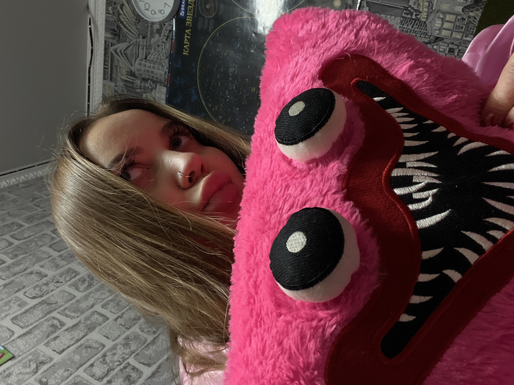 A girl with fair skin, brown hair, and a nose ring is holding a pink, furry monster plush toy with large, cartoonish eyes and a mouth full of white teeth. The girl's expression is one of mild amusement or skepticism as she looks slightly upwards. The background includes a brick-patterned wall, a wall clock, and a poster in Russian. The location is unknown, but the poster suggests a Russian-speaking region.