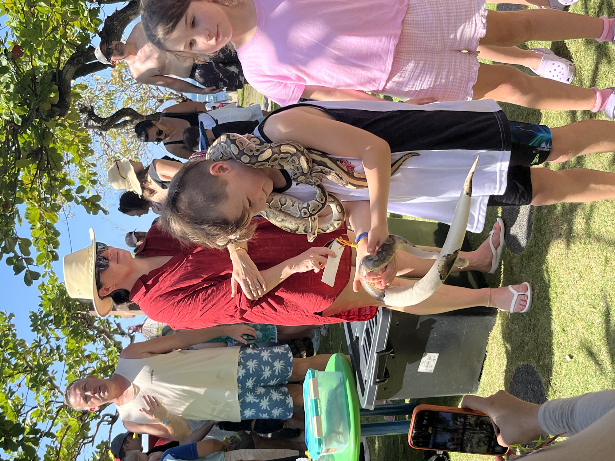 In Kuta Selatan, Indonesia, a boy is holding a large python around his neck and shoulders while standing on a grassy area under a tree. He is wearing a white and black sleeveless shirt and dark swim trunks. To his right, a girl in a pink t-shirt and checkered pink shorts stands looking to her left. Behind them, a woman in a red shirt and a straw hat is holding the python's tail, and a man in a white tank top and patterned shorts stands to her left. A clear plastic container with a blue lid sits on a green table to the left of the man. A person's hand holding an orange-cased smartphone is visible in the lower left corner of the frame, appearing to film the scene. The background shows other people and foliage.