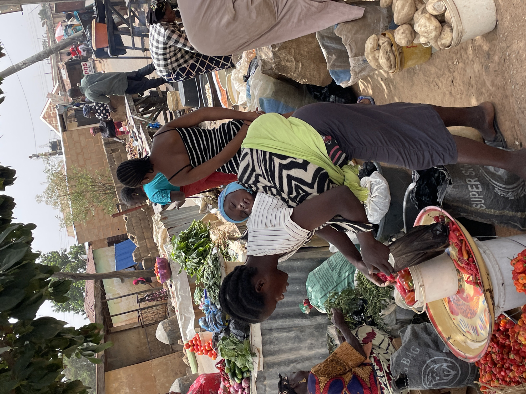 A bustling market scene is captured in Jos, Nigeria. Multiple individuals are engaged in commerce. A woman in a striped shirt and green headscarf handles produce, placing red peppers into a white bucket. Another woman in a black and white dress assists. Various produce items like tomatoes, cucumbers, onions, and leafy greens are on display. Bags and buckets filled with goods surround the vendors. The setting is open-air, with buildings and structures in the background.