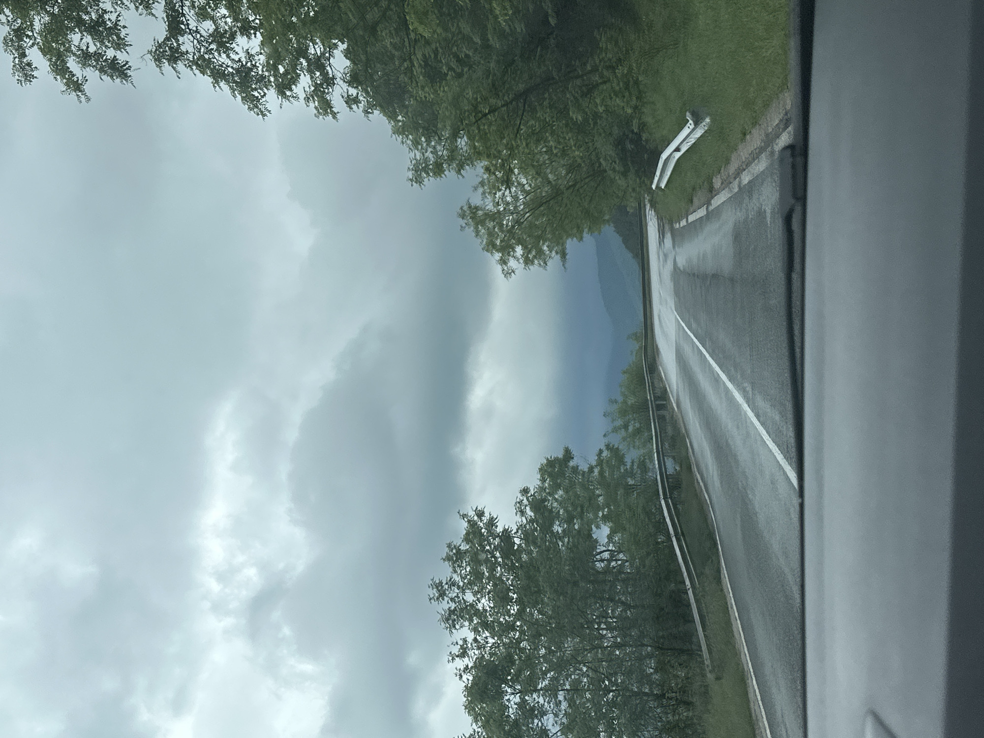 The image depicts a wet asphalt road with a white painted line running along its edge. The road is lined with trees on either side, their branches partially obscuring a cloudy sky. A metal crash barrier is visible on the roadside. The image is taken from inside a vehicle, with the car door frame visible on the right side. The background shows a distant mountain shrouded in mist. The location is likely a rural area near Karnare, Bulgaria based on previous context. There are no people visible in the image.
