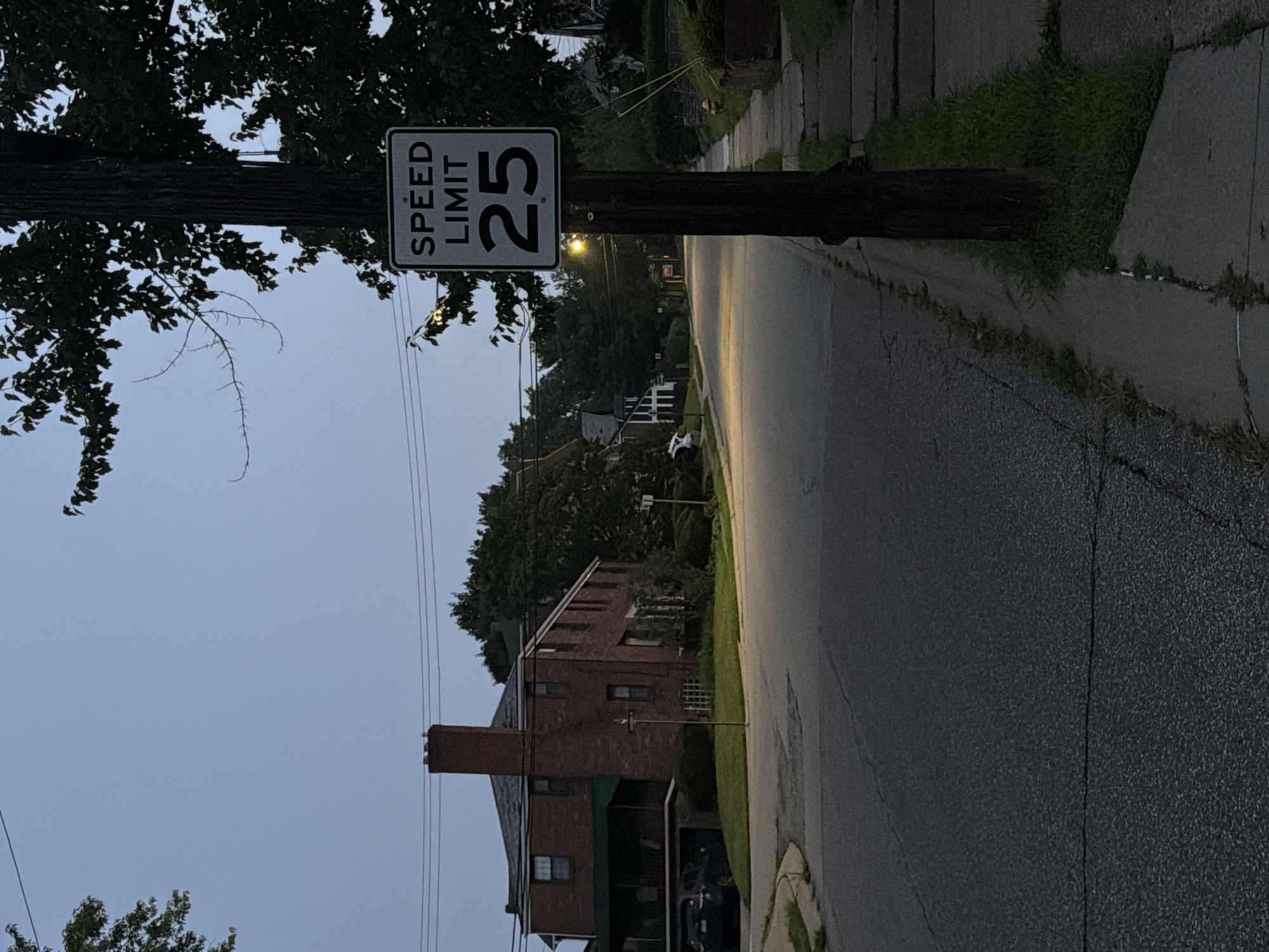 The image shows a residential street in the late evening or early morning. A "SPEED LIMIT 25" sign is prominently displayed on a wooden pole on the right side of the image. To the left, a brick house with a large chimney and a covered porch is visible. The street appears to be asphalt, with visible cracks. Sidewalks are present on both sides of the street, bordered by grass and some landscaping. Trees with dark green foliage line the street and surround the houses. The sky is a pale, overcast blue, suggesting low light conditions. There are no people or vehicles clearly visible in the scene, although a dark-colored SUV is parked under the covered portion of the house on the left. The scene depicts a quiet, suburban-like environment within a city.