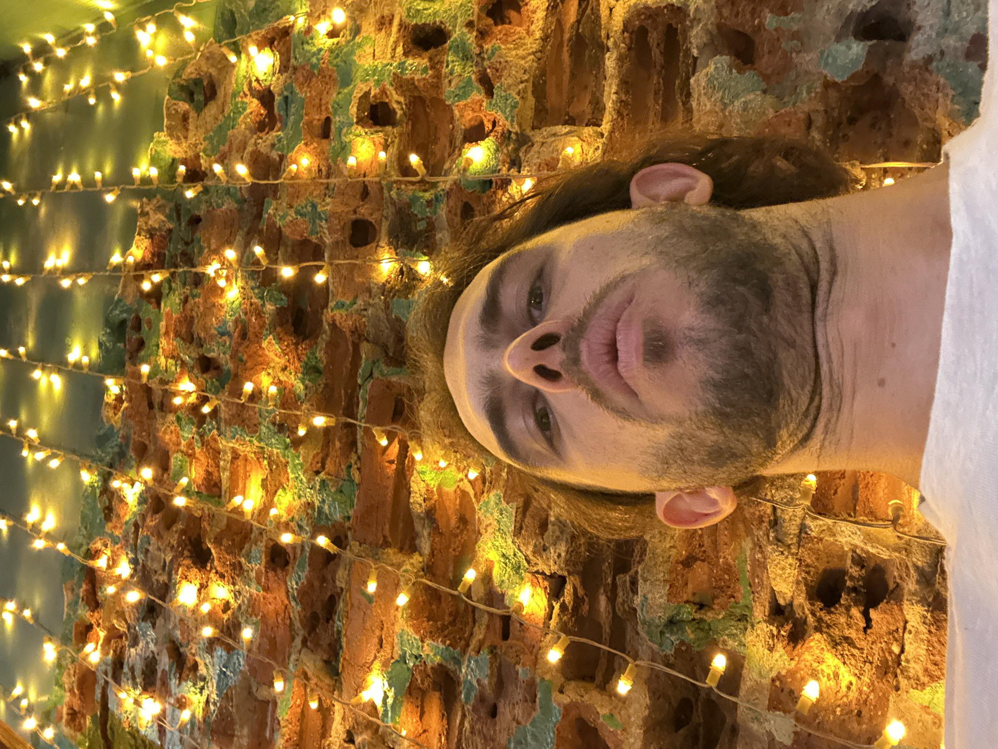 The image shows a low-angle, close-up, selfie-style shot of a man's face and upper chest. He has brown hair, a beard, and is wearing a white shirt. Behind him is a textured brick wall adorned with strings of small, yellow, illuminated lights. The wall appears to have patches of green and blue paint or plaster. The lighting suggests an indoor environment, possibly a restaurant or bar, with a warm, ambient glow from the fairy lights. There is no discernible information in the image that would indicate the location is in Đà Nẵng, Vietnam.
