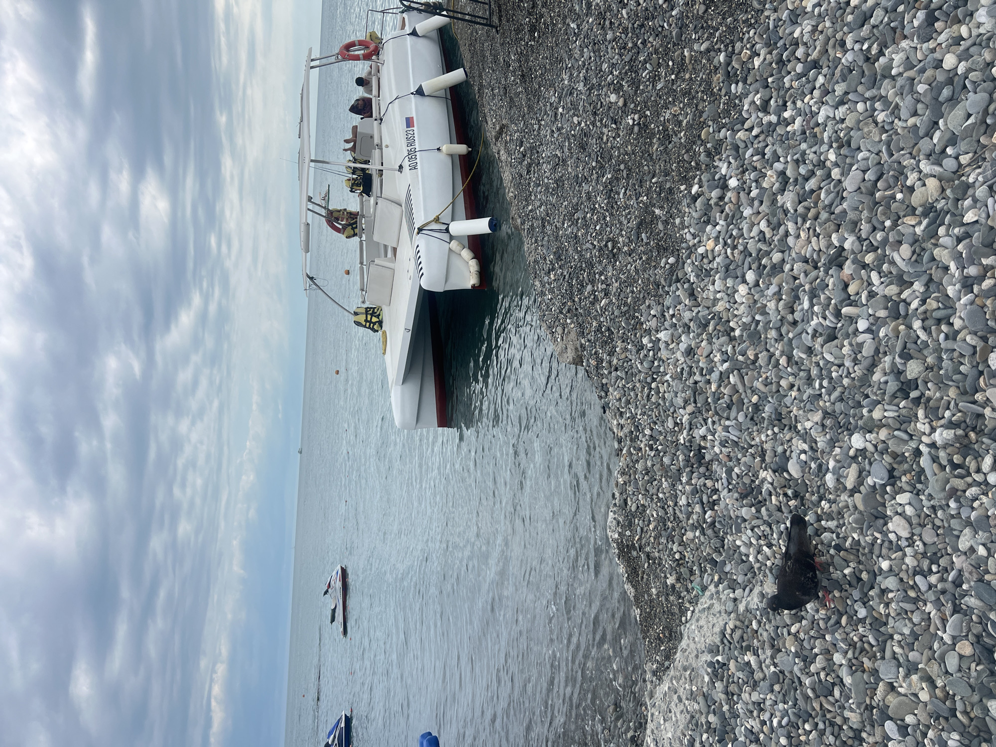 The image depicts a cloudy day at a pebble beach in Sochi, Russia. A white catamaran is moored near the shore, with several people visible on board, some wearing life jackets. Two jet skis are in the water further out. A single dark pigeon is standing on the grey and white pebbles in the foreground. The sea is calm, and the sky is overcast with a hint of distant clouds. The shoreline is lined with a variety of smooth stones.