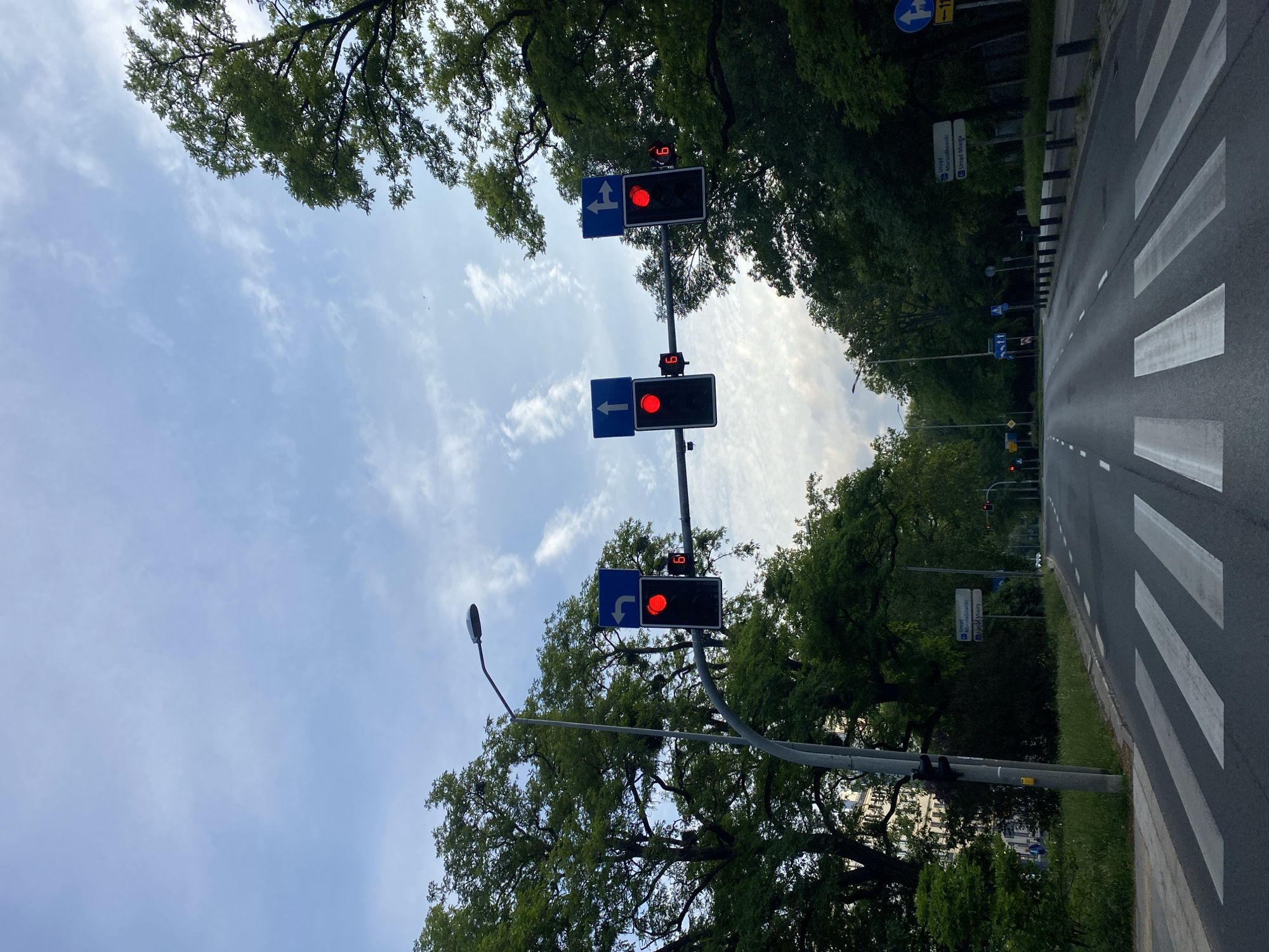 The image shows a city street in Szczecin, Poland, with a crosswalk in the foreground. Three traffic lights are visible, all displaying a red light, indicating that vehicles should stop. Each traffic light has an accompanying directional sign: the leftmost light has a left-turn arrow, the middle light has a straight-ahead arrow, and the rightmost light has a right-turn arrow. Next to two of the traffic lights, there are digital timers displaying "6", likely indicating the remaining seconds before the light changes. Large, mature trees line both sides of the street, creating a canopy overhead. The sky is partly cloudy with a pale blue hue. In the distance, more traffic lights and street signs are visible, along with some buildings and parked cars. The scene depicts a typical urban intersection during daylight hours.