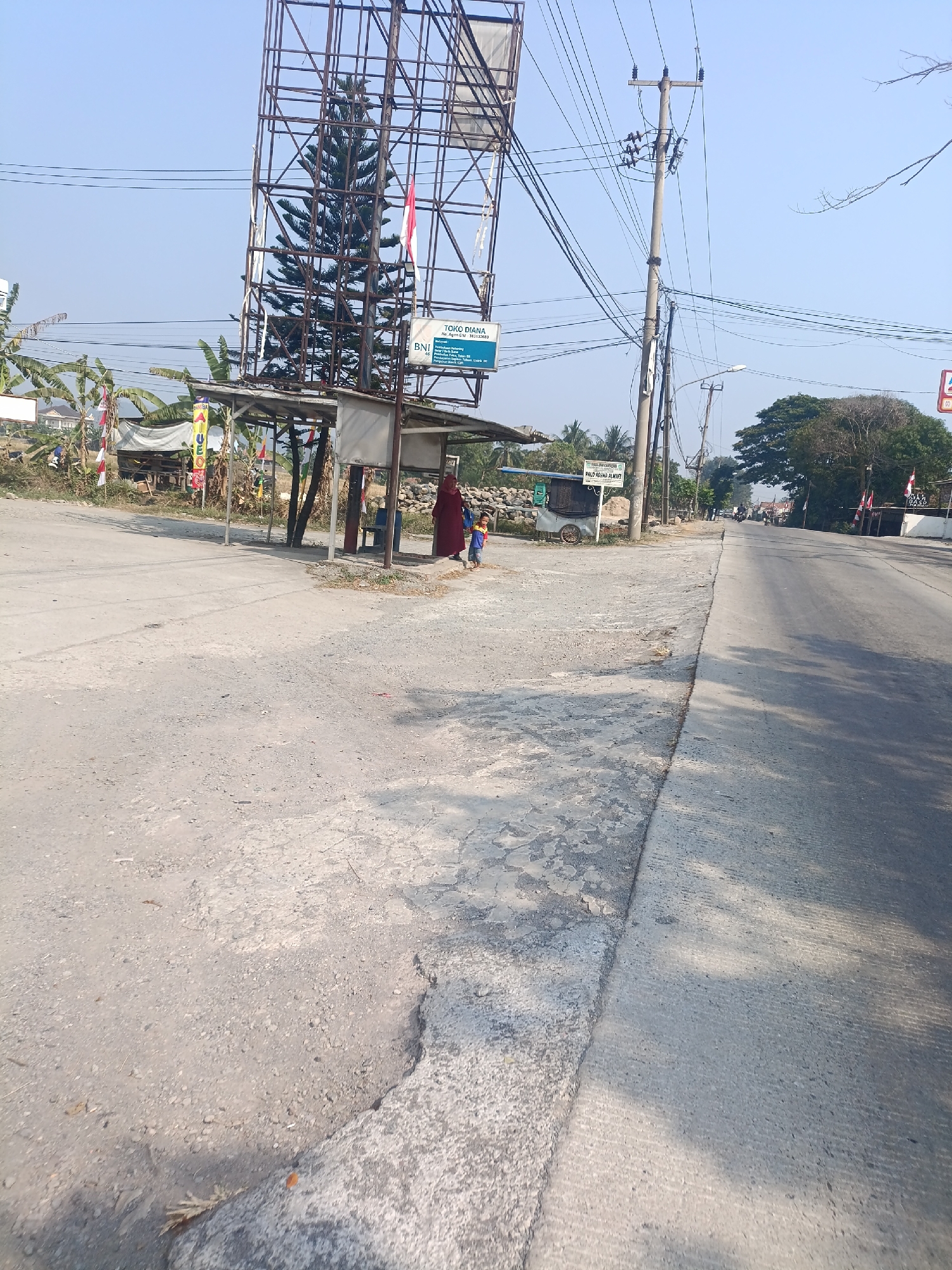 The image depicts a roadside scene in Cariu, Indonesia, likely during daylight hours under a clear sky. The foreground is dominated by a weathered asphalt road with visible cracks and patches, transitioning to a gravelly shoulder on the left.
Dominating the left side of the frame is a large, unfinished metal billboard structure, partially obscured by a tall, dark green evergreen tree. Attached to the billboard's structure is a sign reading "TOKO DIANA" with smaller text below that is partially legible. Two Indonesian flags are visible, one on the billboard and another attached to a smaller structure to its left, which appears to be a simple bus stop or shelter. Beneath the shelter, a person wearing a dark red garment and a child in a blue shirt are standing.
A utility pole with numerous wires stretches across the upper portion of the image, extending towards the right. To the right of the road, a line of trees forms a backdrop, with one large tree being particularly prominent. Further down the road, several motorcycles are visible, indicating traffic.
The overall impression is of a rural or semi-urban area with a focus on the road infrastructure and immediate surroundings. The presence of the bus stop, billboard, and flags suggests a community gathering point or a commercial area. The dry, dusty appearance of the roadside and the clear sky indicate potentially warm and dry weather conditions.
