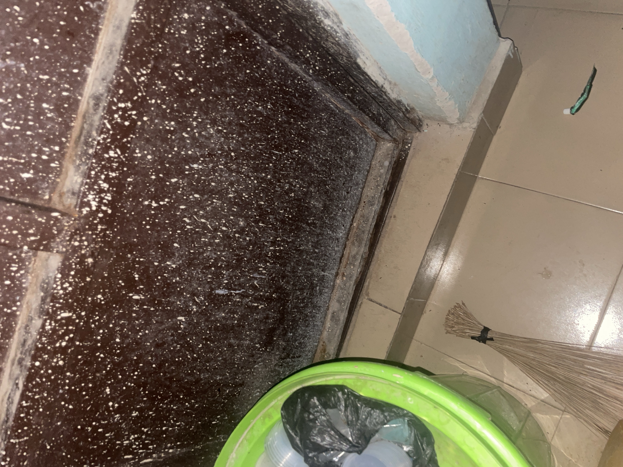 The image depicts a floor and the lower portion of a dark brown door frame, with white paint splatters on the door frame. A light green plastic bucket, partially filled with what appears to be plastic cups and a black trash bag, is positioned to the left of the frame. A broom made of dried plant material is lying on the tiled floor next to the bucket. A small, green object with some dark markings is also visible on the floor in the lower right portion of the image, possibly a detached piece of wire or a small insect. The environment appears to be an indoor space, likely a room or hallway, with beige floor tiles. The overall impression is one of a somewhat neglected or utilitarian area. The scene is likely located in Jalingo, Nigeria, based on the prompt's request for location context, though no specific landmarks or identifying features within the image confirm this.
