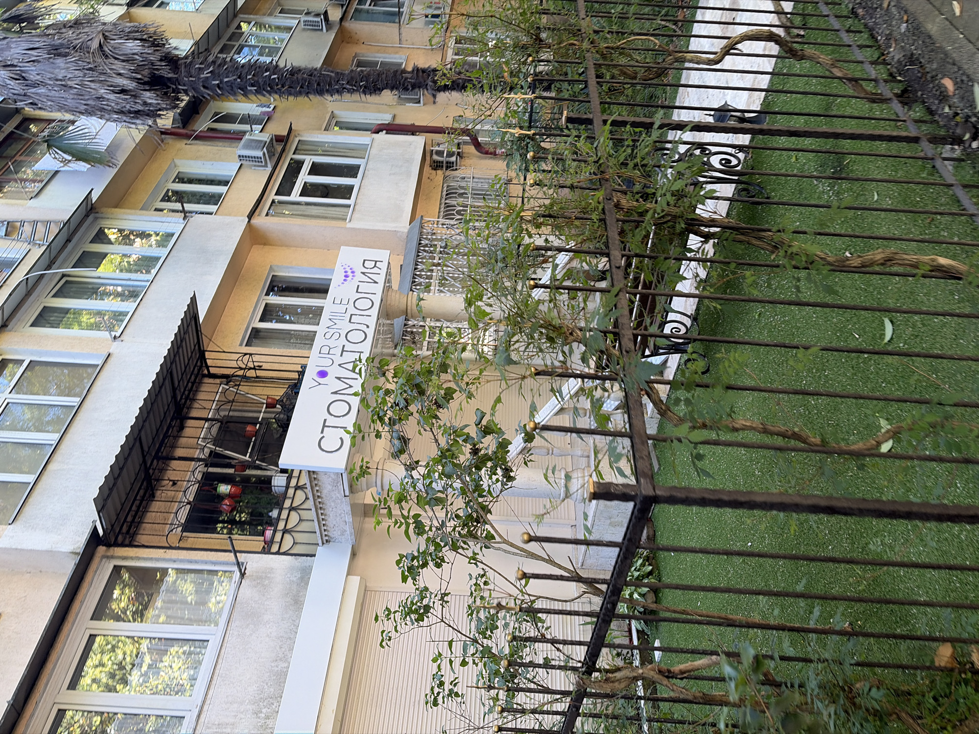 The image, rotated 90 degrees clockwise, captures a daytime street-level view of a multi-story building in Sochi, Russia. The building features light-colored facades, numerous windows, and several balconies with ornate black metal railings. Multiple air conditioning units are affixed to the exterior walls. A large, mature palm tree with a thick, textured trunk and dense fronds partially obscures the upper section of the building on the left.
In front of the building, a dark, wrought-iron fence with decorative elements runs horizontally across the foreground, separating the building from the viewer's perspective. Green bushes and vines are growing along and through the fence. Behind the fence, there is a light-colored paved area leading to what appears to be an entrance, and a strip of vivid green, artificial-looking turf.
A prominent white rectangular sign is attached to the building's facade. It displays the text "YOUR SMILE" in English, accompanied by a purple and pink logo resembling an arch of dots, possibly depicting a smile or teeth. Below this, in Cyrillic script, is the word "СТОМАТОЛОГИЯ," which translates to "STOMATOLOGY" or "Dentistry." This indicates the ground floor of the building houses a dental clinic. The scene is brightly lit by sunlight, suggesting clear weather conditions. No people are visible.
