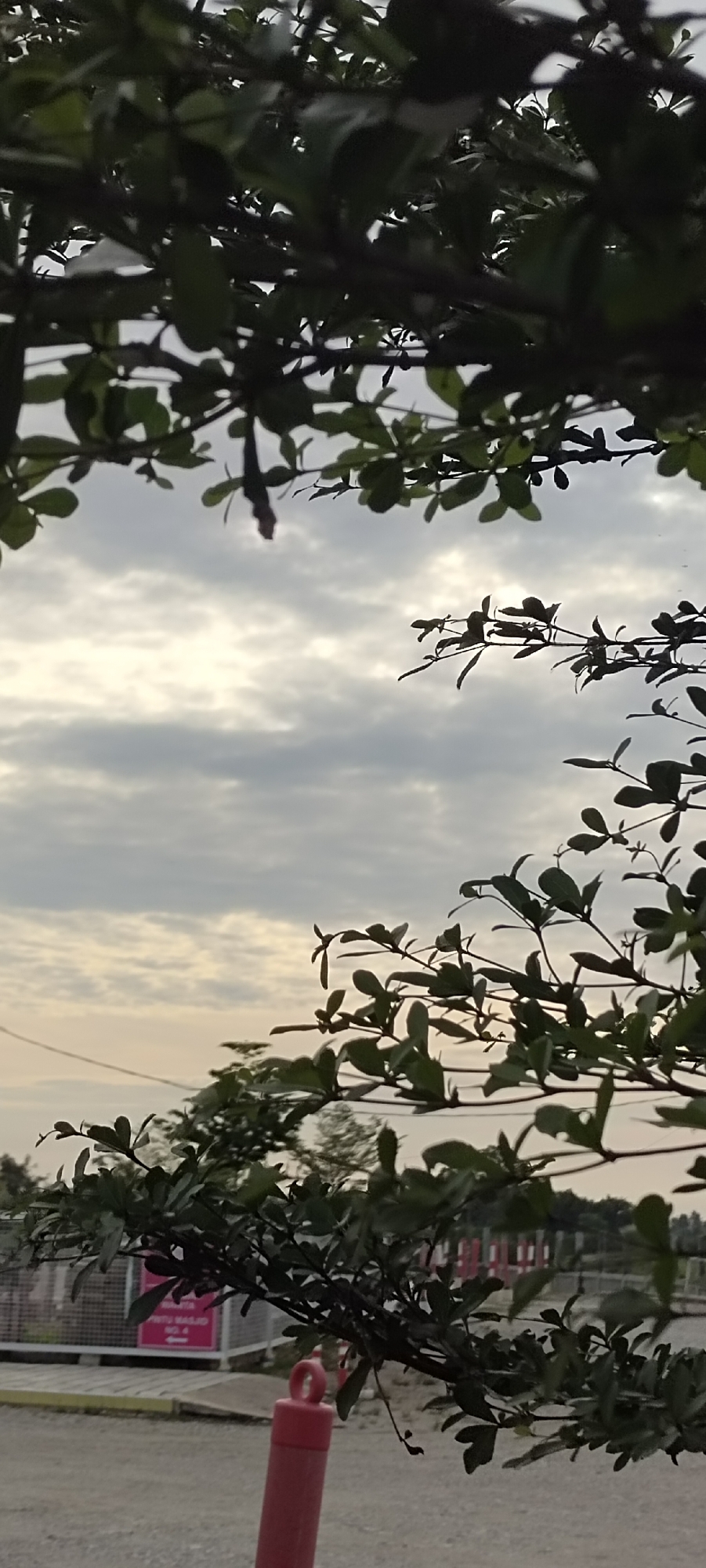The image shows a cloudy sky viewed through foliage in Meunasahaluedrienlhoksukon Barat, Indonesia. A pink traffic bollard is visible in the foreground. A sign, partially obscured by the foliage, is visible behind the bollard. The sky is overcast with layered clouds. Buildings and trees are in the background.