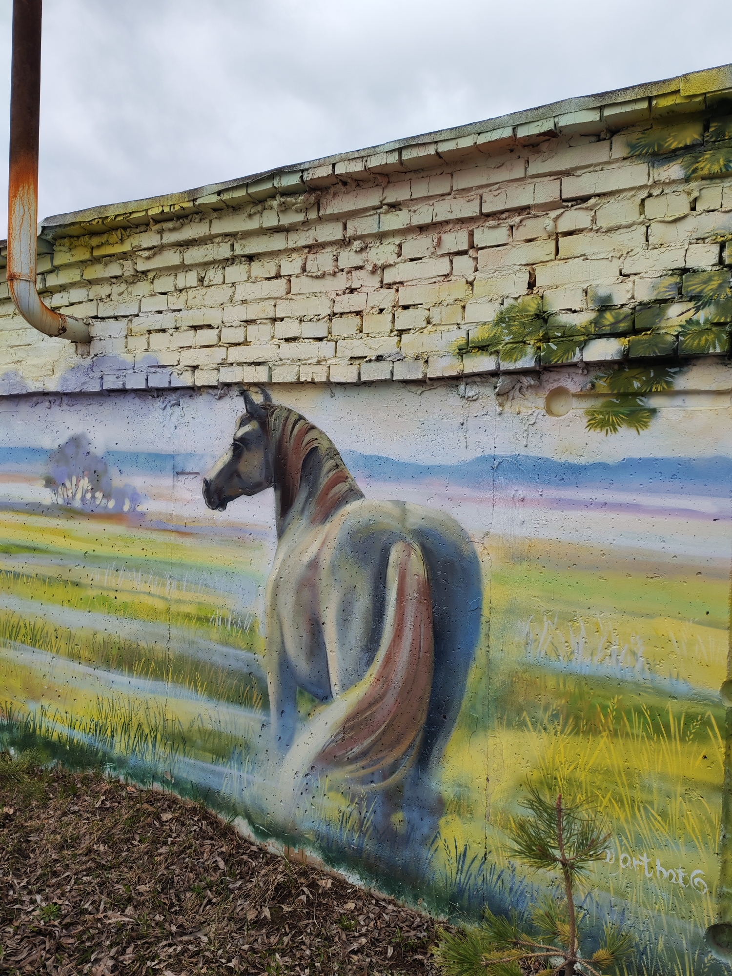 A mural of a horse in a field is painted on a concrete wall. The wall is topped with a brick structure. A rusty pipe runs down the side of the wall. Brown leaves are scattered at the base of the wall, and a small evergreen tree is growing there. The sky is overcast. The location is Chaikovsky, Russia.
