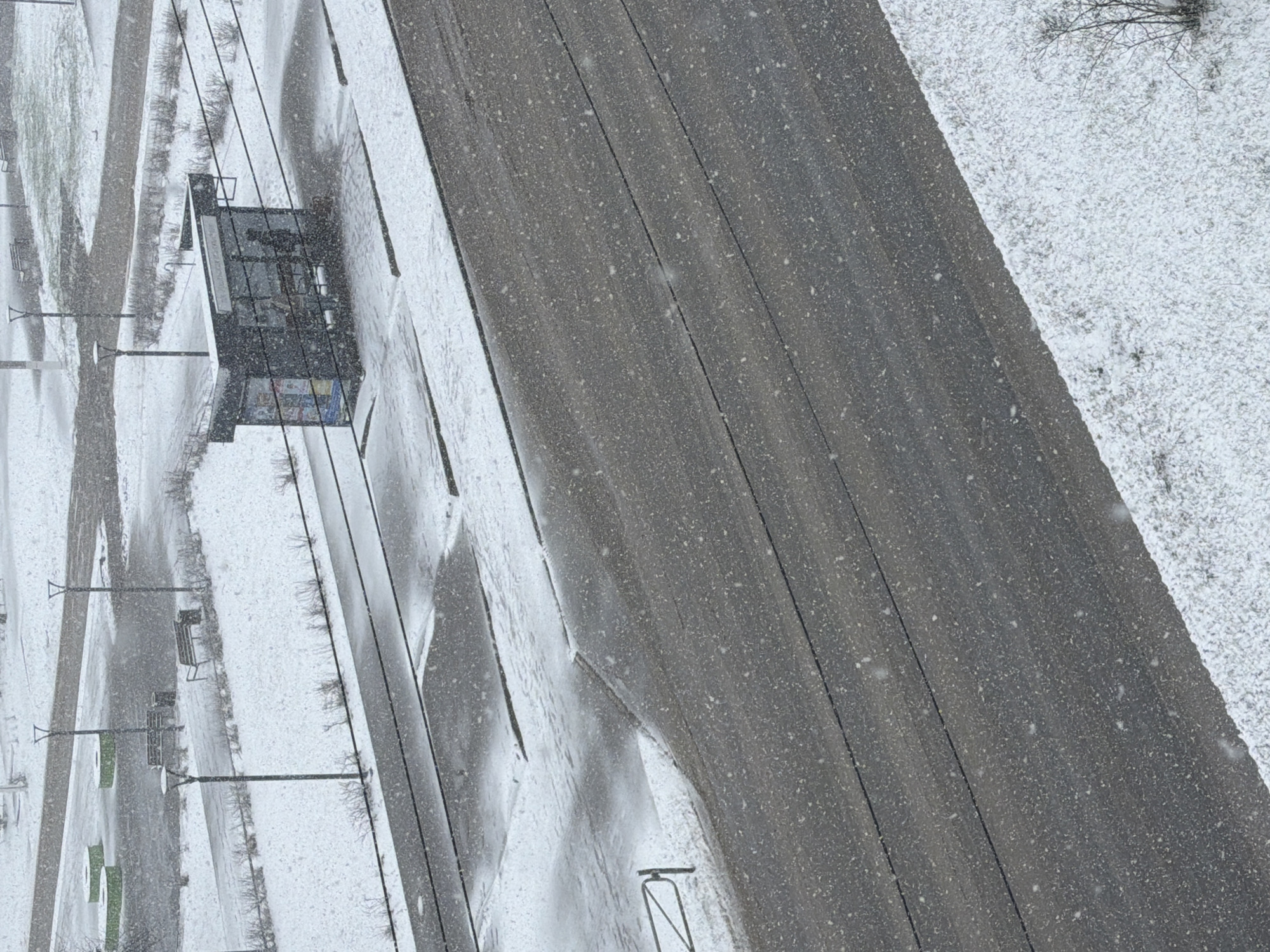 This image, taken from an elevated perspective, depicts a snowy scene in Chaikovsky, Russia. A multi-lane road runs diagonally across the frame, its dark surface visible through the falling snow. To the left of the road, a sidewalk lined with streetlights and benches is partially covered in snow. A bus stop shelter is located along the sidewalk. The area to the right of the road is a snow-covered field with bare trees. Snow is actively falling throughout the scene, impacting visibility.