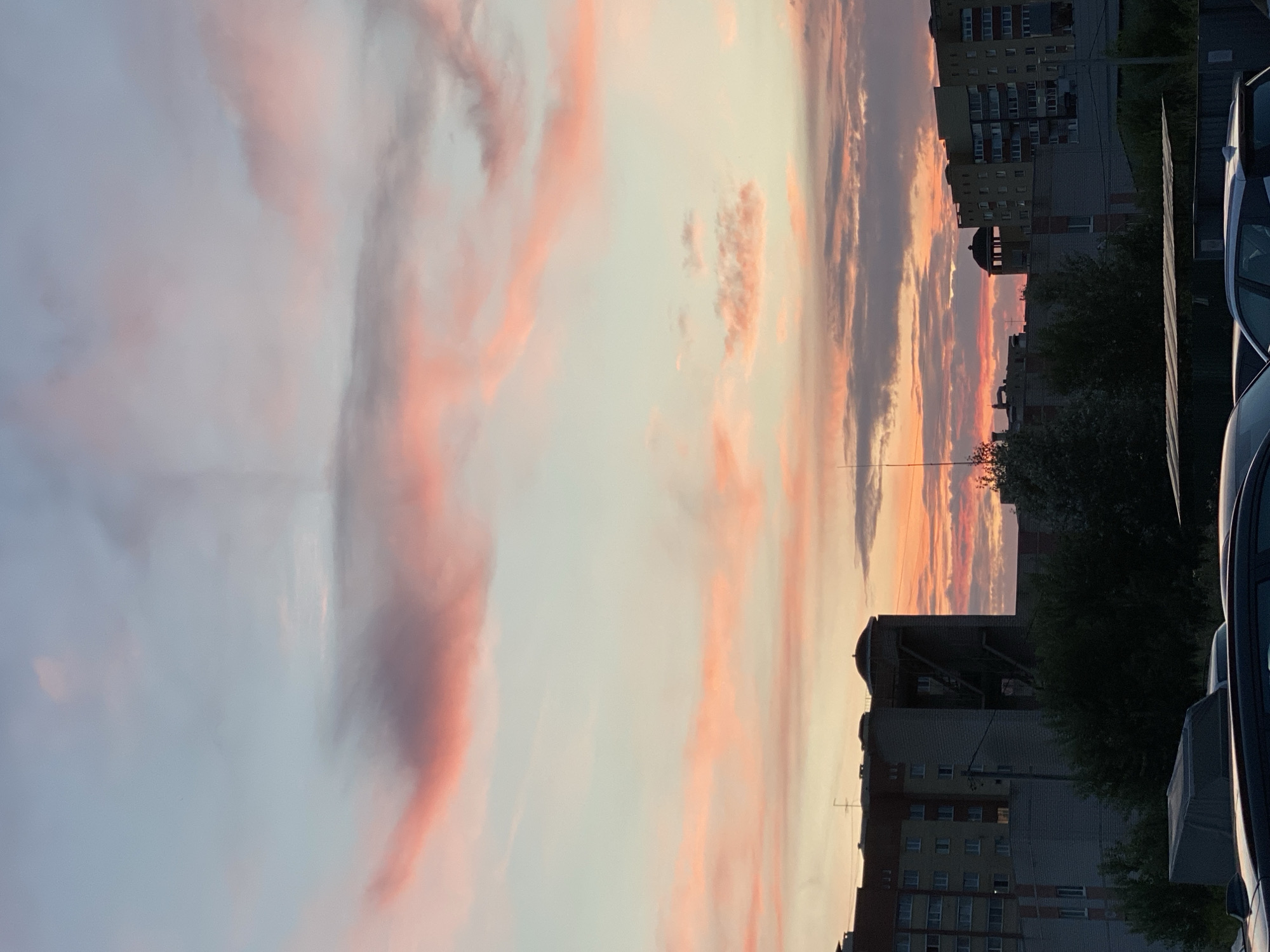 The image depicts a city skyline in Cherepovets, Russia, during a sunset. The sky is filled with wispy clouds tinged with pink and orange hues, transitioning to a pale blue. Dominating the lower portion of the frame are several multi-story apartment buildings with visible windows and architectural details. Some buildings are lighter in color with brick accents, while others are gray. Trees and other vegetation are visible in the foreground and between the buildings, casting shadows. A portion of a dark-colored vehicle is visible in the very bottom foreground. The overall scene conveys a calm, urban evening atmosphere.