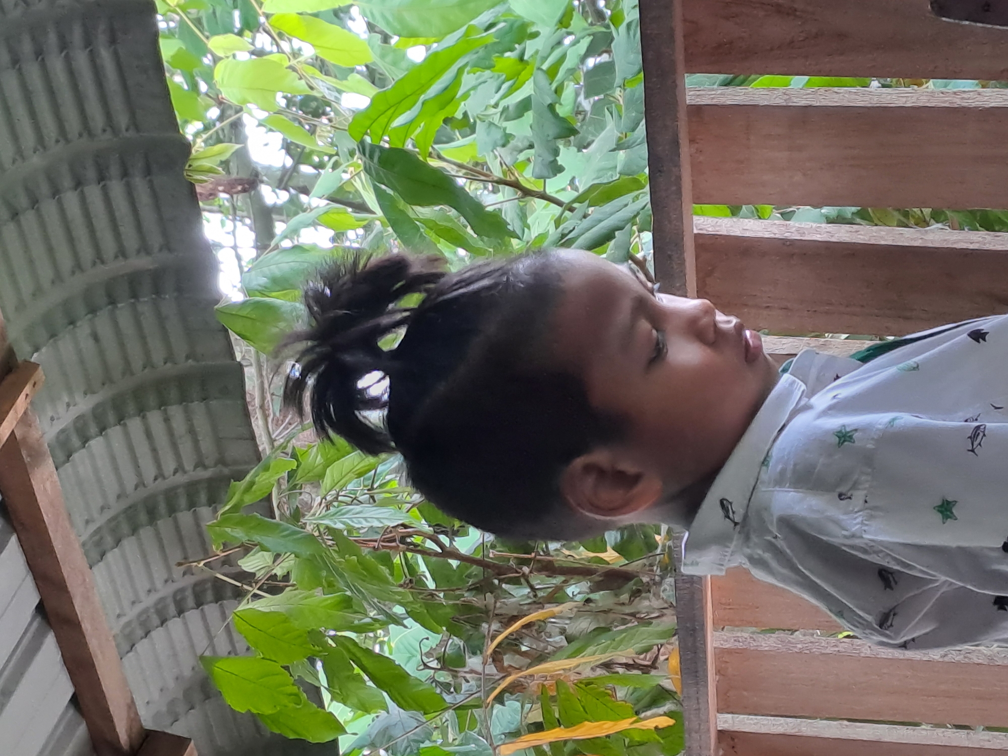 An outdoor shot features a young boy in profile, his face turned downwards and slightly to the right, with his hair styled in a top knot. He is wearing a white collared shirt with a pattern of small green stars and dark fish. The background consists of lush green foliage and trees, suggesting a natural or tropical environment. A corrugated metal roof is visible above, supported by wooden beams. Wooden railings run across the foreground. The scene is likely situated in Geulanggang Baro, Indonesia, given the contextual information.