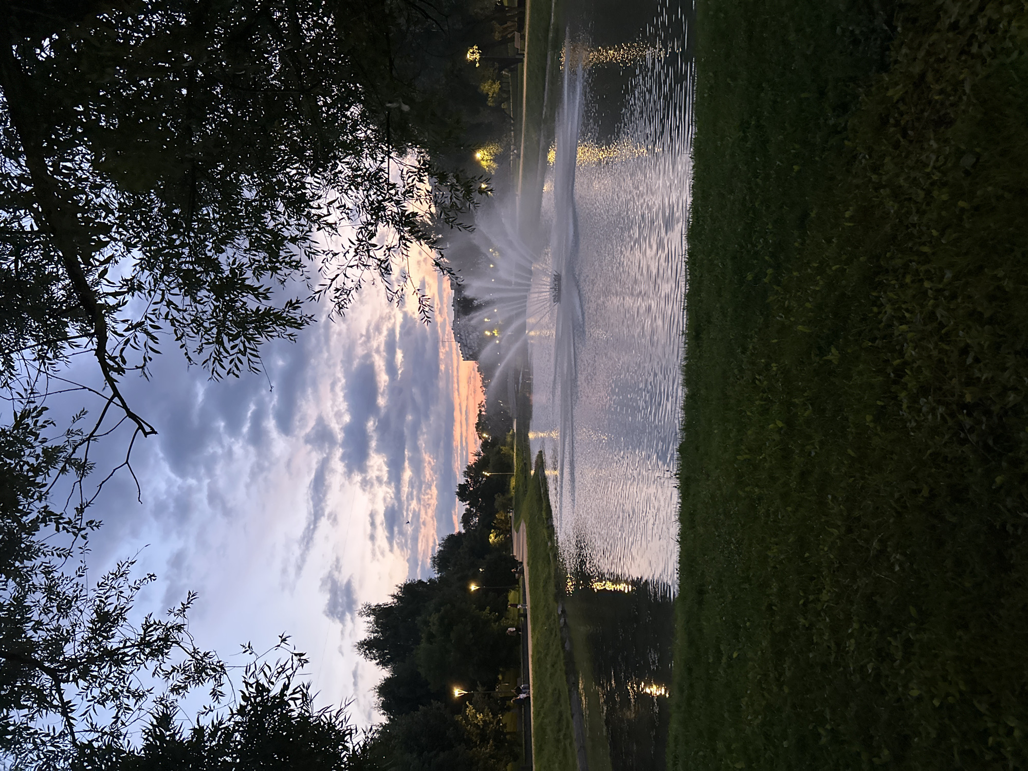 The image depicts a park scene at dusk, likely in Moscow, Russia, given the architectural style visible in the background. In the foreground, a well-maintained lawn slopes down towards a body of water. The water features a large fountain spraying water upwards, creating a misty effect. The water reflects the soft glow of streetlights and the fading hues of the sunset.
Along the edge of the water, a paved pathway winds through a park area. Several people are visible walking and sitting on benches along this path. Trees with dark foliage frame the scene, with their branches silhouetted against the twilight sky. The sky itself is a blend of deep blues, grays, and soft pinks, indicating the transition from day to night. The overall impression is one of a tranquil evening in a public urban park.