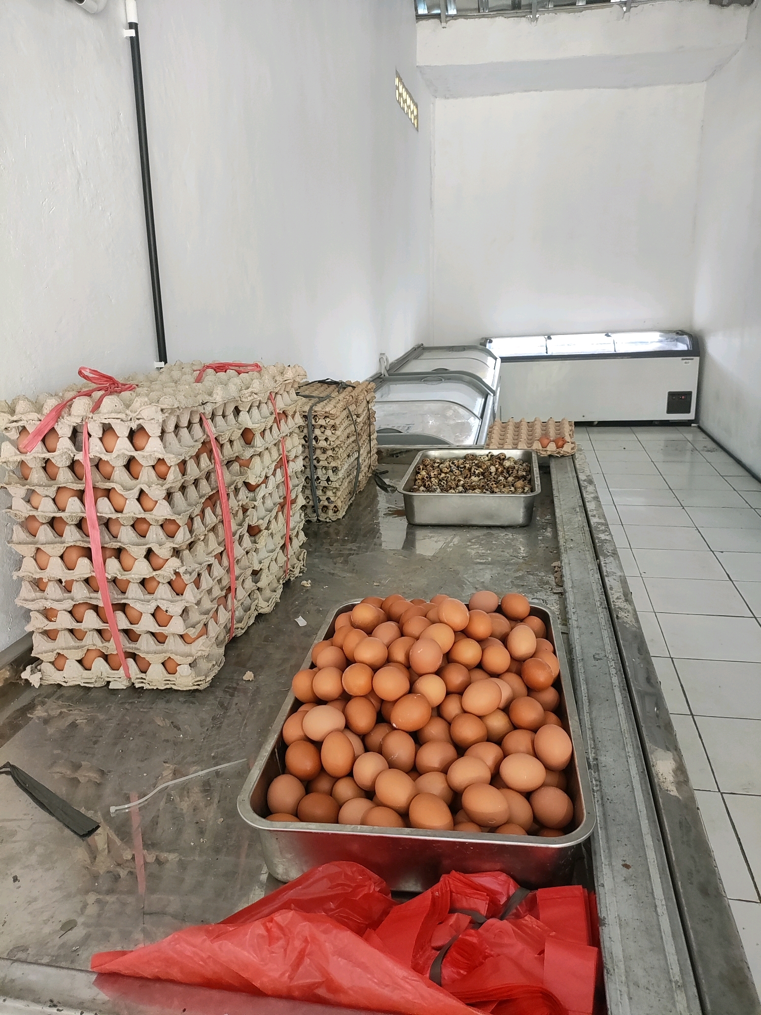 This image shows a storage room, likely in Wanajaya, Indonesia, filled with eggs and freezers. In the foreground, a large metal tray overflows with brown chicken eggs. To the left, stacks of egg cartons, tied with pink twine, are piled high. Behind these, another stack of egg cartons is visible. Further back, two glass-top freezers and a white upright freezer are positioned against the wall. A smaller metal tray containing quail eggs sits on a counter. The room has white tiled walls and floor, and a fluorescent light fixture is visible on the ceiling. A black pole runs vertically along the left wall.