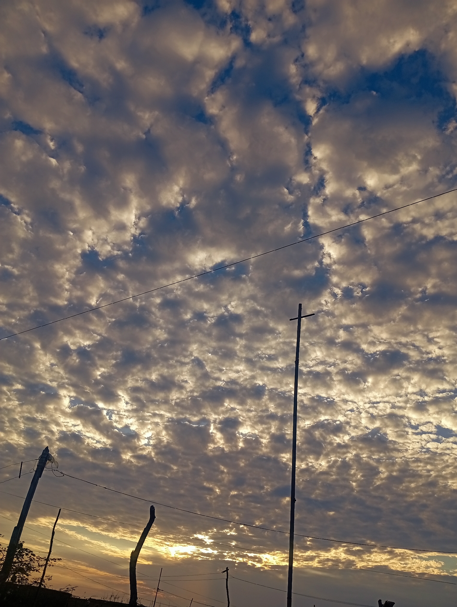 The image depicts a view of the sky in Altagracia, Venezuela. The sky is filled with altocumulus clouds, with some blue sky visible. The clouds are illuminated by the setting sun, giving them a golden hue. In the foreground, there are several utility poles and wires, as well as silhouettes of trees and other vegetation. One prominent pole has a cross on top. The sun is visible on the horizon.