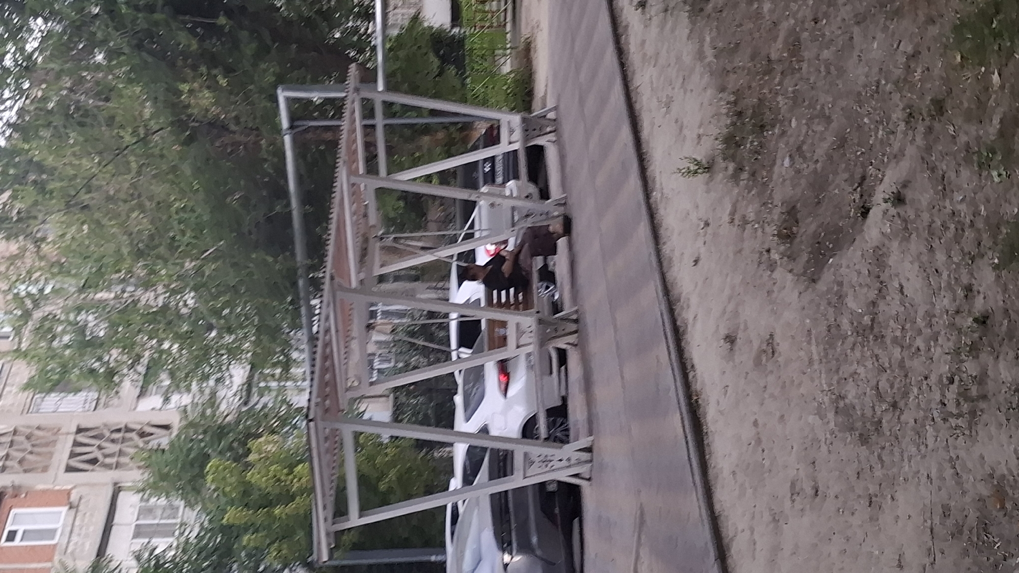 A middle-aged woman with dark hair sits on a wooden bench under a covered structure. She is wearing a dark shirt and dark pants, and appears to be looking down. The structure has a metal frame and a sloped roof, and is located in what appears to be a parking lot or street area, with several cars parked behind the bench. A building with visible windows and architectural details is in the background, partially obscured by trees. The ground in front of the structure is paved, and the area behind it is covered in gravel and sparse vegetation. The image appears to have been taken outdoors during the day, and the lighting suggests overcast or shaded conditions. This scene is consistent with an outdoor public seating area in an urban environment, possibly a residential courtyard or a rest stop along a street in Shymkent, Kazakhstan.