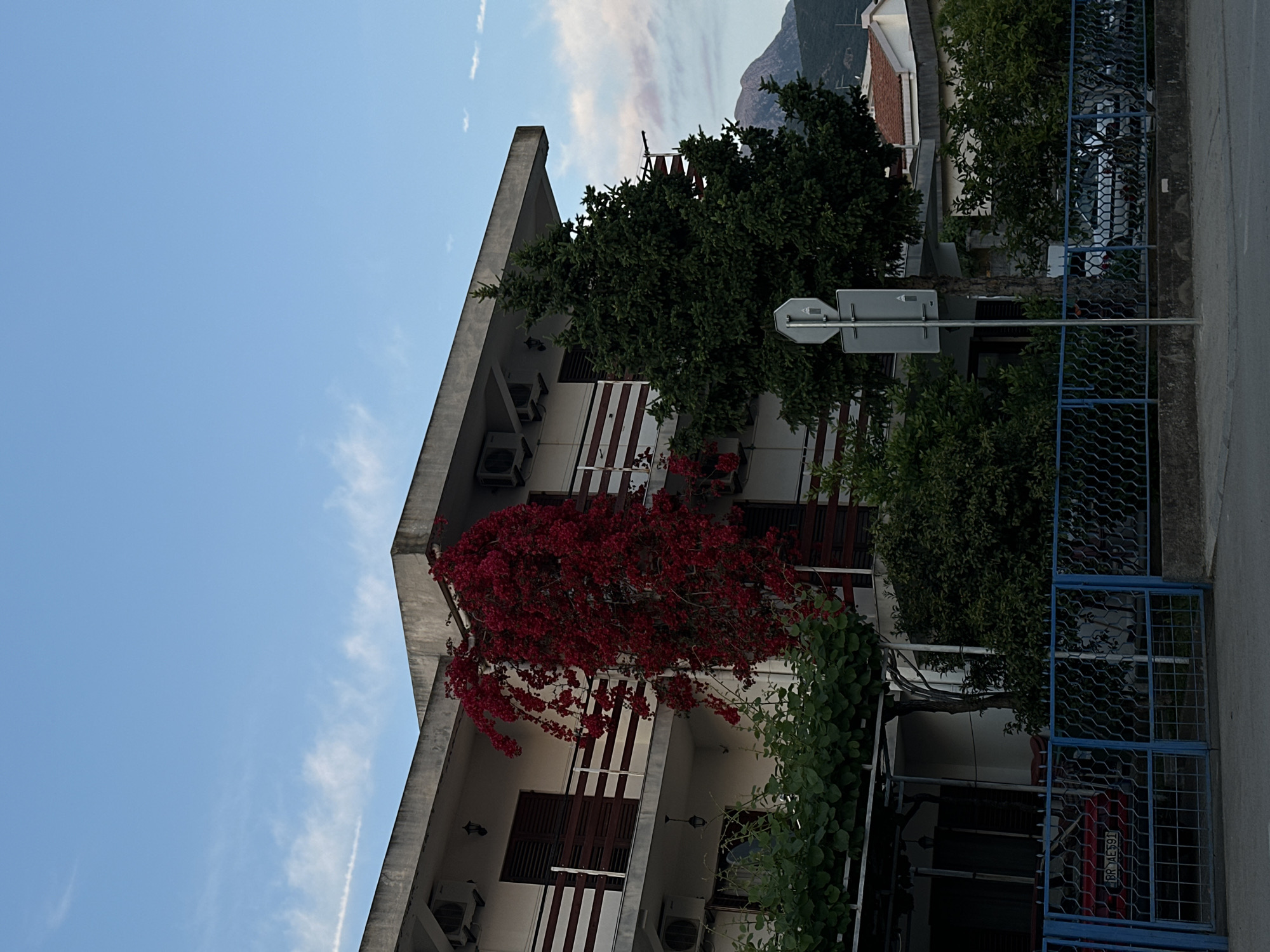 The image depicts a multi-story building in Šušanj, Montenegro. The facade is predominantly white with dark brown window shutters and striped accents. A vibrant red bougainvillea cascades down the side of the building. Air conditioning units are visible beneath the windows. Dense green foliage surrounds the building. A blue metal fence runs along the edge of the property, with street signage nearby. The sky is blue with light cloud cover. In the background, a mountain is partially visible.