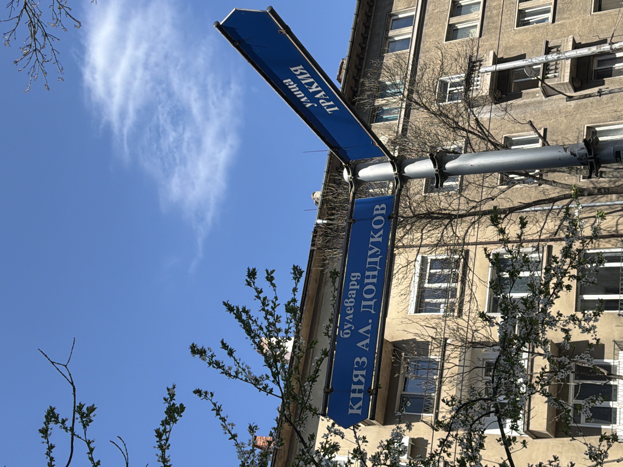 The image shows a street scene in Sofia, Bulgaria, featuring two blue street signs attached to a gray metal pole. The top sign reads "улица ТРАКИЯ" (ulitsa TRAKIYA), meaning "Trakia Street". The bottom sign reads "булевард КНЯЗ АЛ. ДОНДУКОВ" (bulevard KNYAZ AL. DONDUKOV), meaning "Knyaz Alexander Dondukov Boulevard". The signs are mounted perpendicular to each other. The background shows a multi-story building with multiple windows, as well as tree branches with budding leaves and flowers. The sky is blue with light clouds.