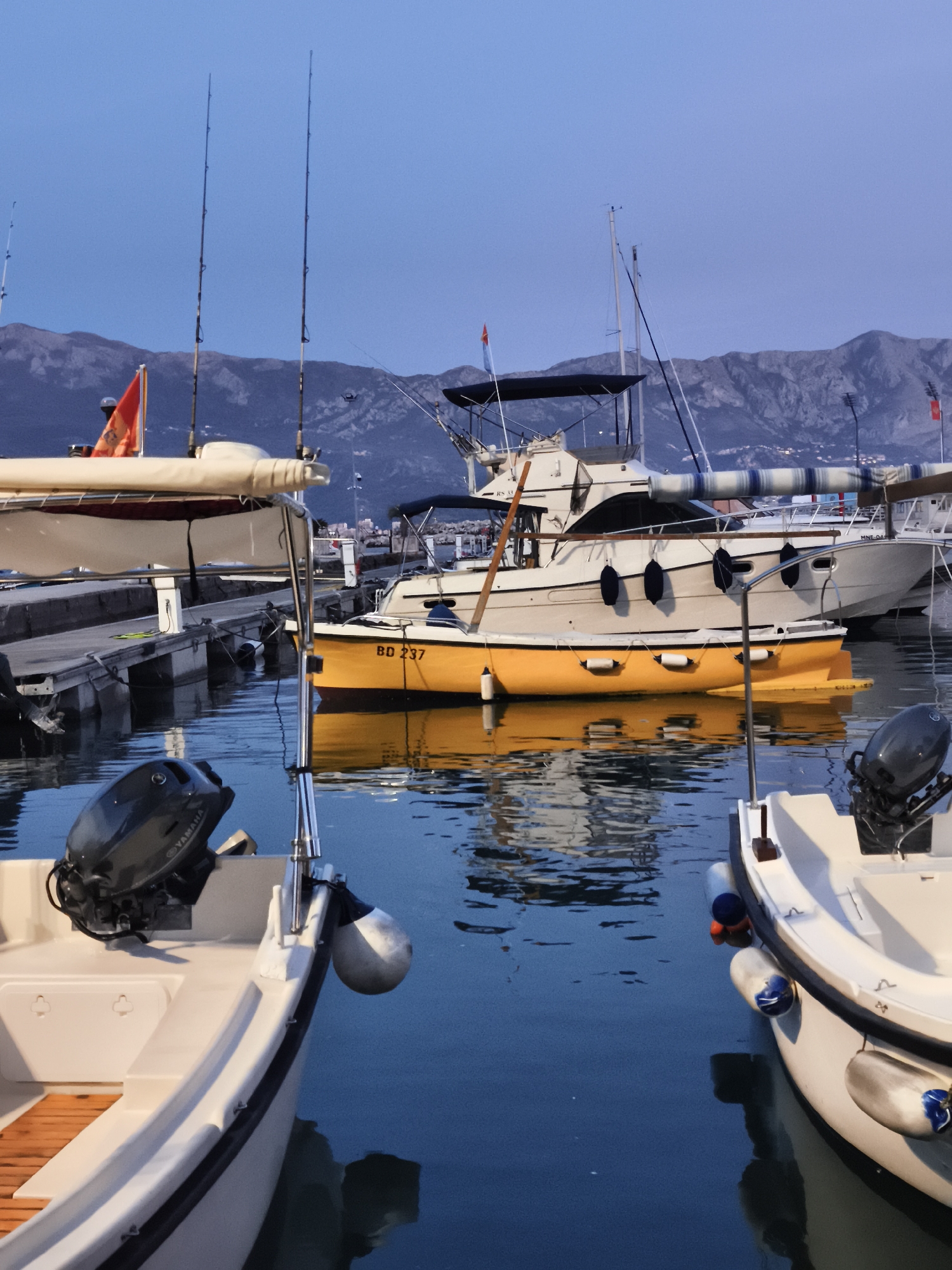 The photograph captures a harbor scene in Budva, Montenegro. Dominating the view are several boats of varying sizes, docked close together. A distinctive yellow boat, labeled "BD 237," is positioned prominently in the middle of the frame, partially obscured by a white boat in the foreground. Both boats are reflected in the calm water of the harbor.
In the background, there is a concrete pier with boats docked alongside. Beyond the harbor, the mountainous landscape of Montenegro stretches under a twilight sky. On one of the boats, a red flag can be seen. Several of the boats have tall fishing poles extending upwards. There are no people visible in the immediate scene.