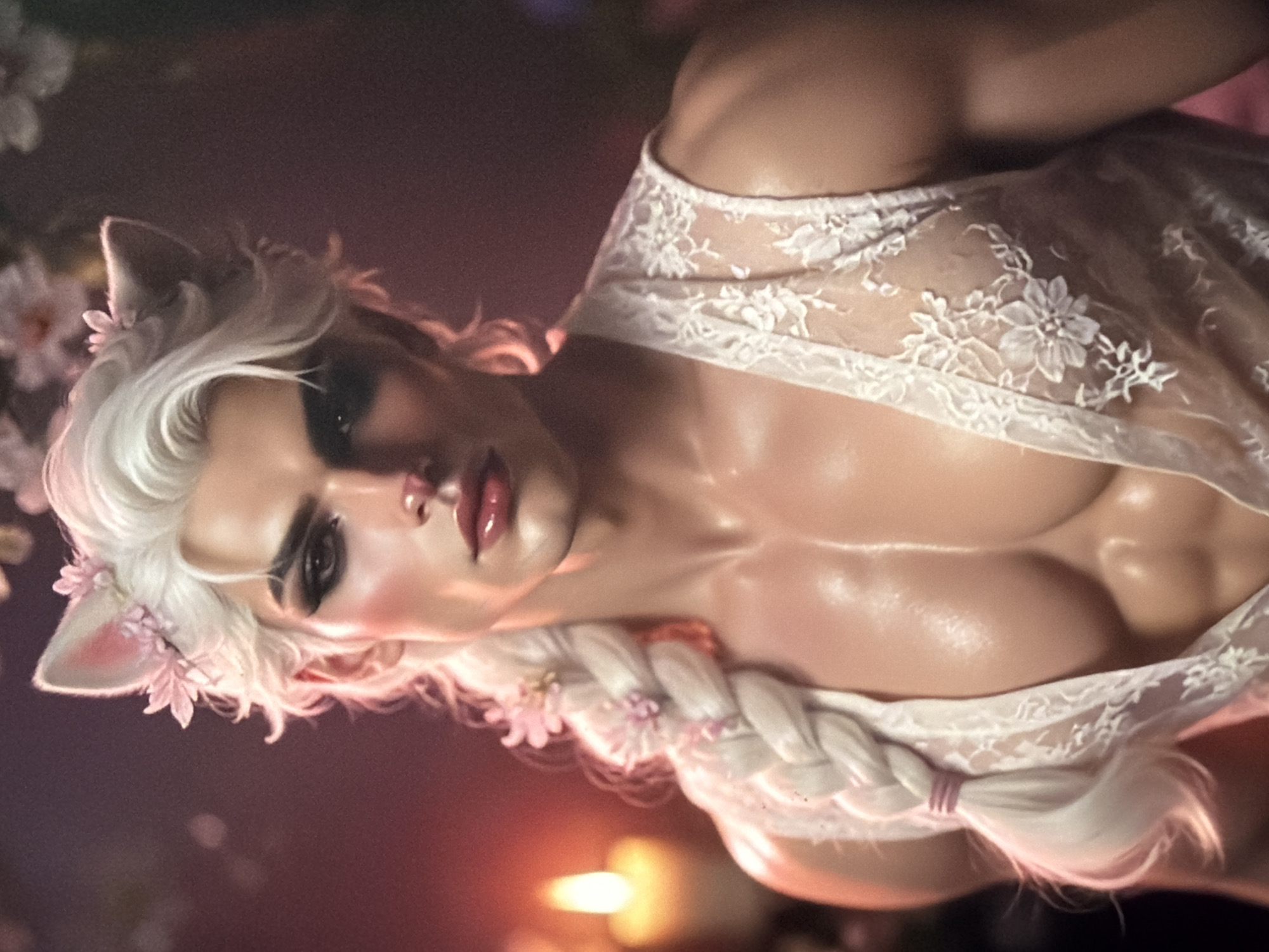 The image shows a close-up portrait of a person with white hair, cat ears, and a lace garment. The person has prominent cheekbones, dark eye makeup, and full lips. Their chest is exposed and appears muscular and wet. In the background, there are blurred lights and floral elements. There is no indication of a city, location, or any specific context related to Kyiv, Ukraine, or any other place. The image is a studio-style portrait with artificial lighting.