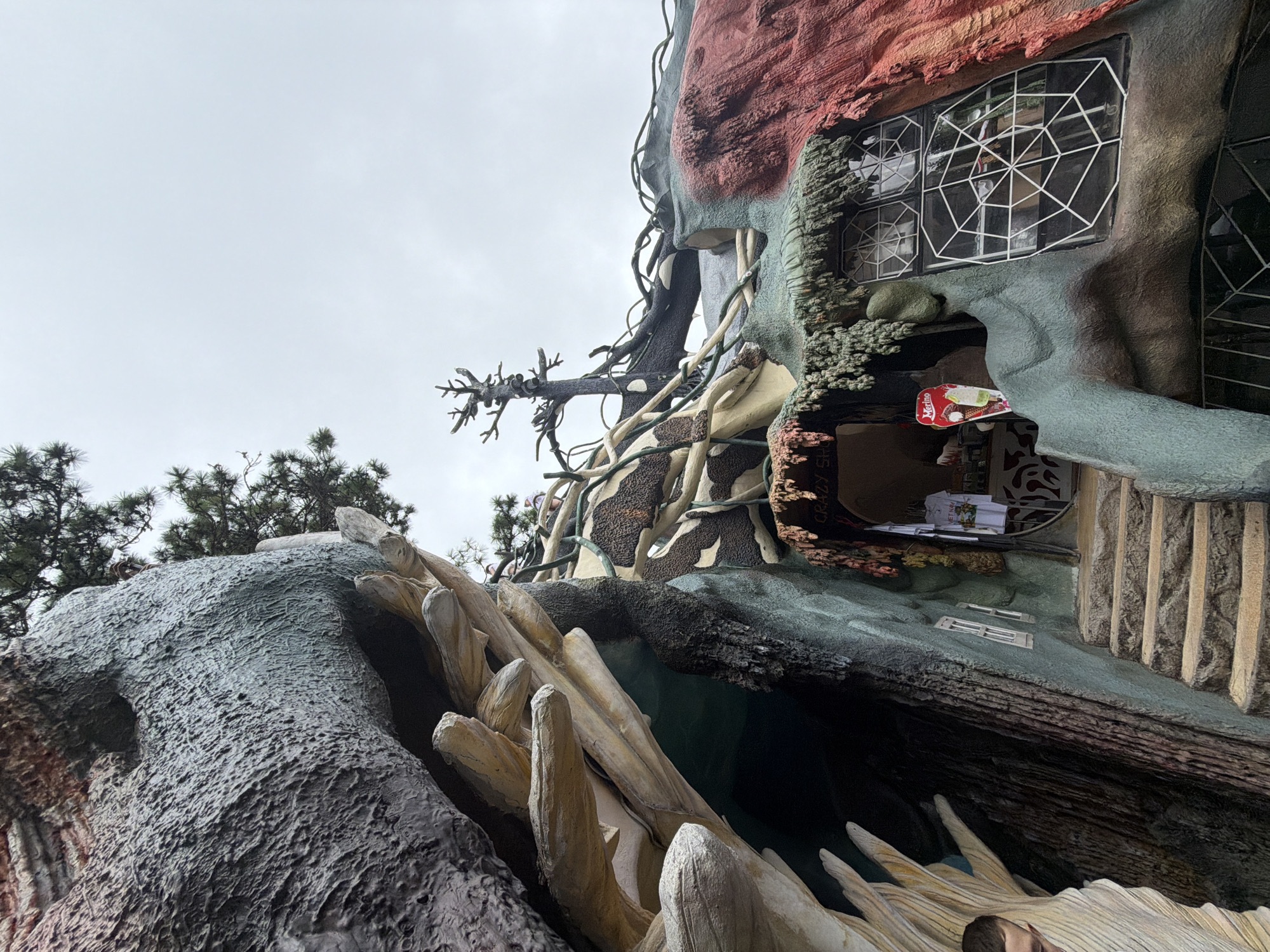 The image shows an exterior view of the "Crazy House," also known as Hang Nga Guesthouse, in Da Lat, Vietnam. The architecture is organic and surreal, resembling a giant tree or cave. The structure is painted in various earthy tones, with sections of red, green, and brown. Large, gnarled branches and roots are integrated into the building's design, forming balconies, walls, and supports. A set of stone stairs leads up to an entranceway, where a few t-shirts are displayed. There are windows with unique, spiderweb-like grilles. In the upper left, a person's head is partially visible, peeking from behind a textured, greyish-blue surface. Pine trees with dark green needles are visible against an overcast sky.
