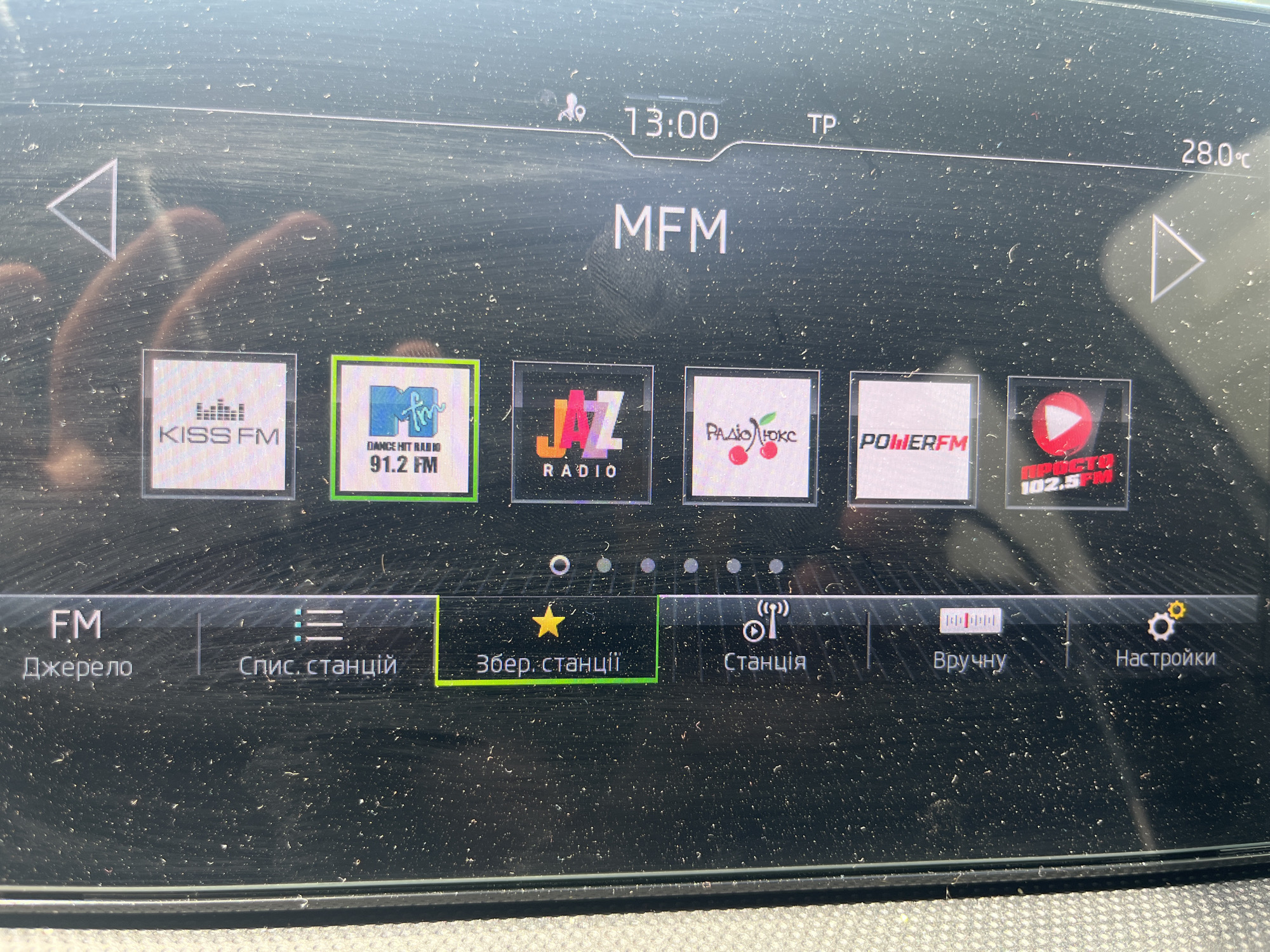 The image shows a car's infotainment screen, displaying various radio station logos, time, and temperature. The station logos include KISS FM, MTV 91.2 FM, JAZZ RADIO, RADIO LOKS, POWER FM, and a station with a red play button logo labeled 102.5 FM. Below the station logos, there are options for FM Source, Station List, Save Station, Station, Manual, and Settings. The time displayed is 13:00, and the temperature is 28.0°C. The screen is dusty and shows some reflections. The environment suggests the car is likely parked outdoors, possibly in an urban setting. There are no people visible in the image, but there are faint handprints on the screen. The overall impression is a typical view of a car's dashboard interface during daytime.