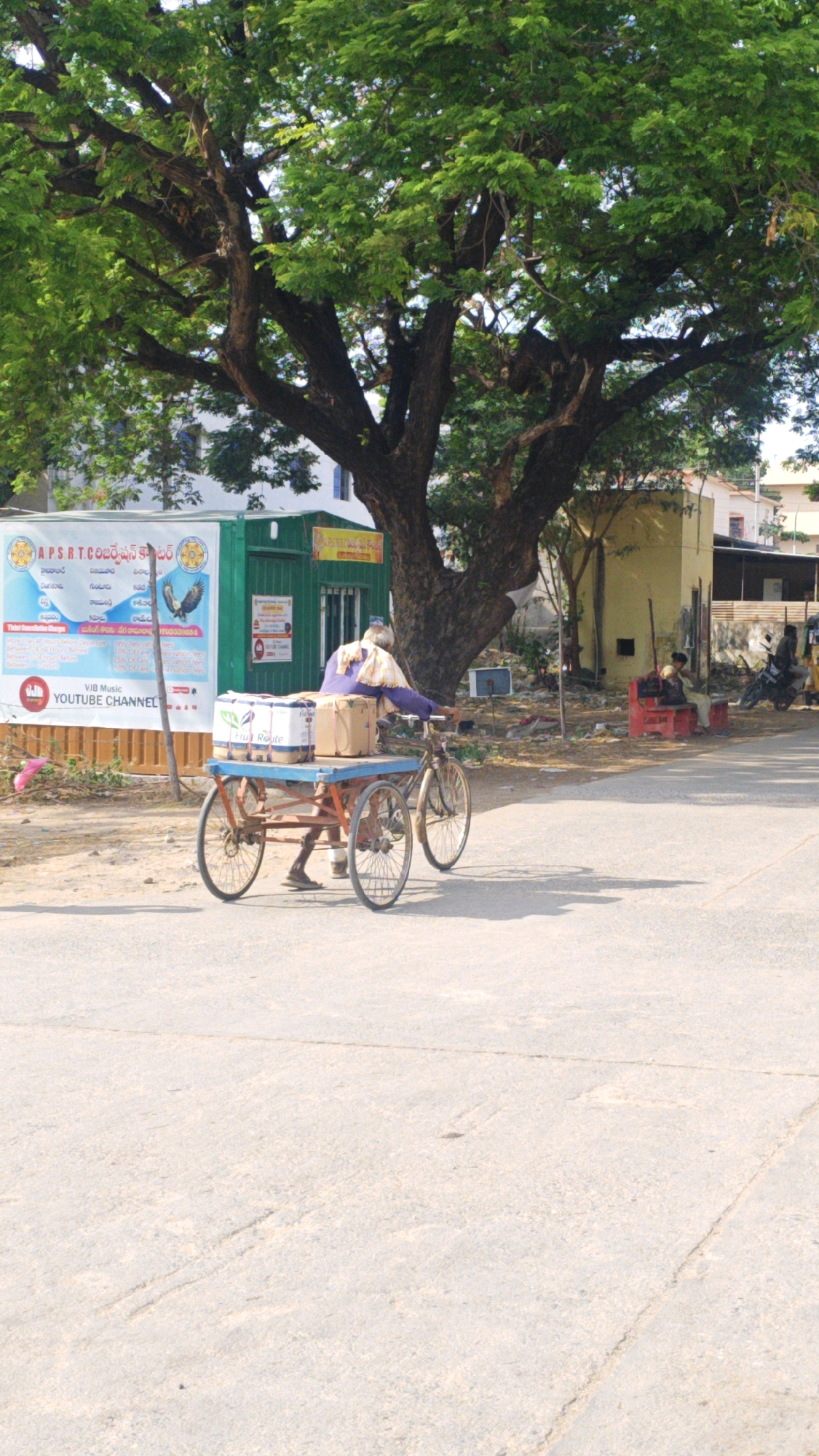 A person pushes a three-wheeled cart loaded with boxes down a paved road in Pamur, India. The cart is being pulled by a bicycle. The person is wearing a purple and white patterned shirt. The cart contains at least two boxes with "Fruit Route" printed on them. In the background, a large tree with green leaves overshadows the scene. To the left of the tree is a green structure with advertisements, including one with an eagle. Further in the background, buildings and a motorcycle are visible. The ground is dusty and appears to be a road with some debris scattered around.