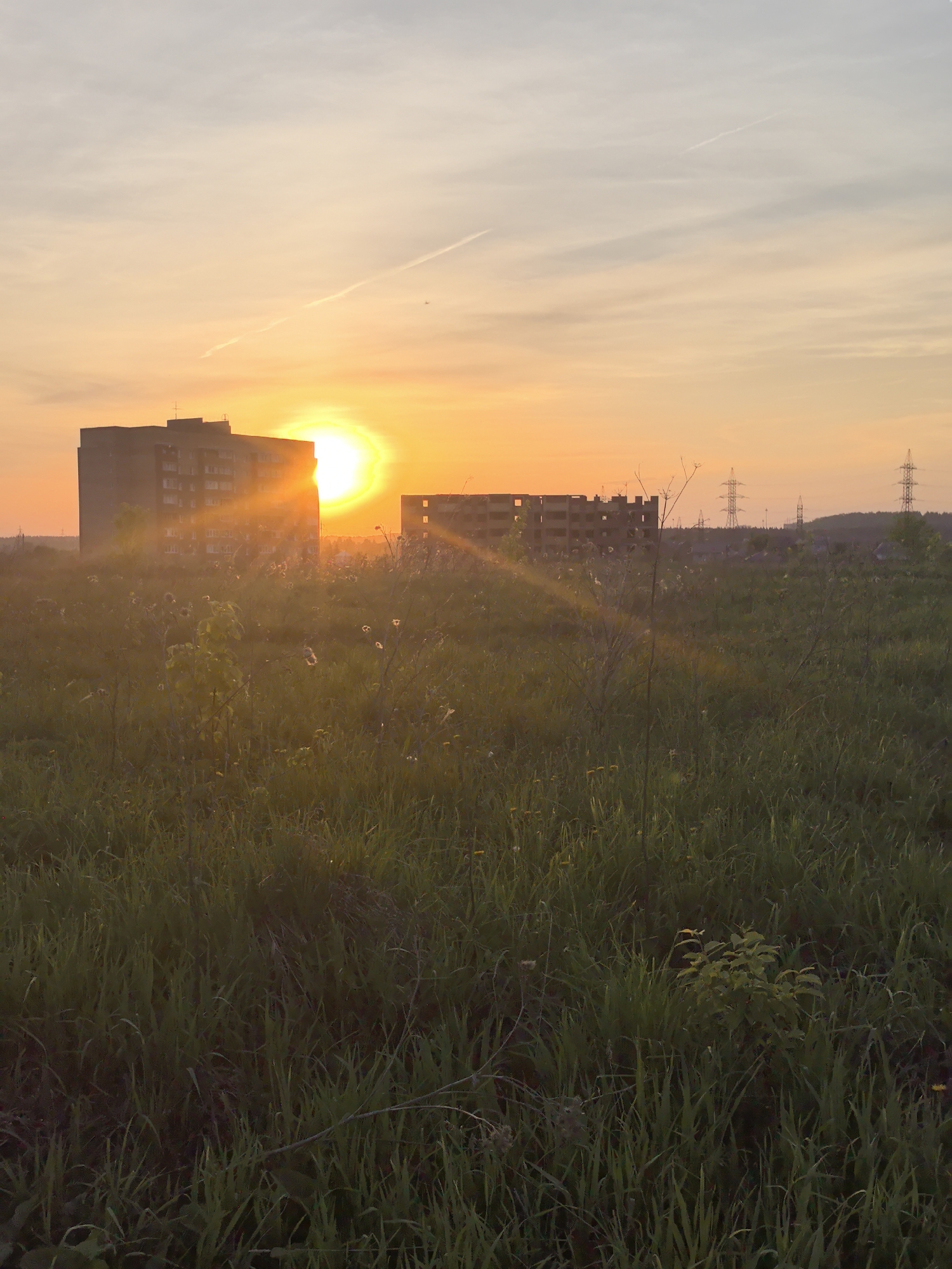 The image shows a sunset in Фролы, Russia. A field of tall grass dominates the foreground. Two large buildings stand in the middle distance, silhouetted against the setting sun. Power lines are visible on the right side of the image. A contrail stretches across the sky.