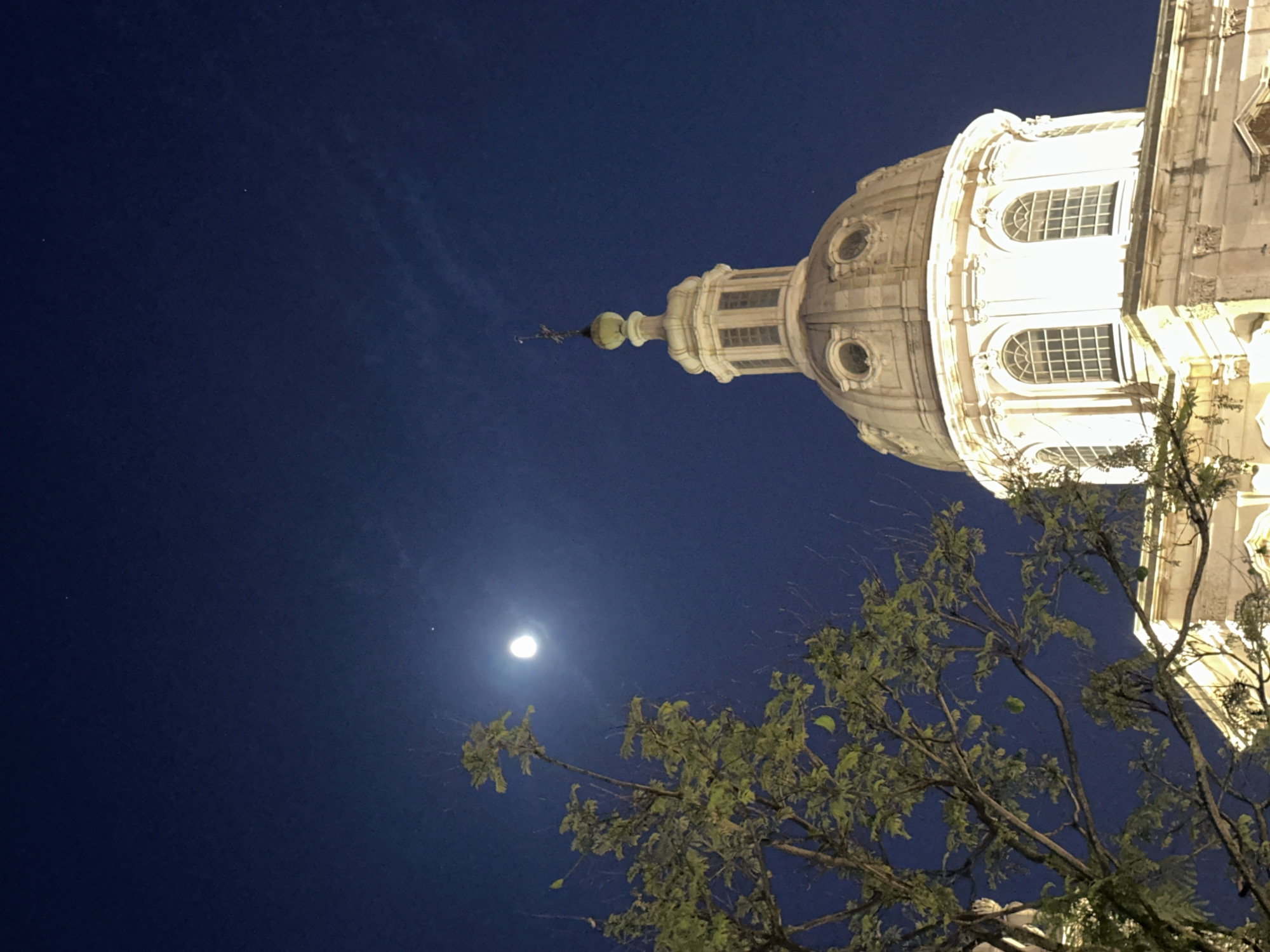 This is a night-time photograph taken in Lisbon, Portugal, featuring the dome of the Church of São Roque. The church is illuminated from below, casting a warm glow on its dome and facade. A large tree with green leaves is visible in the foreground on the left, partially obscuring the building. In the dark blue sky above, a crescent moon is visible, along with a few distant stars. The composition captures a serene and atmospheric view of the landmark under the night sky.