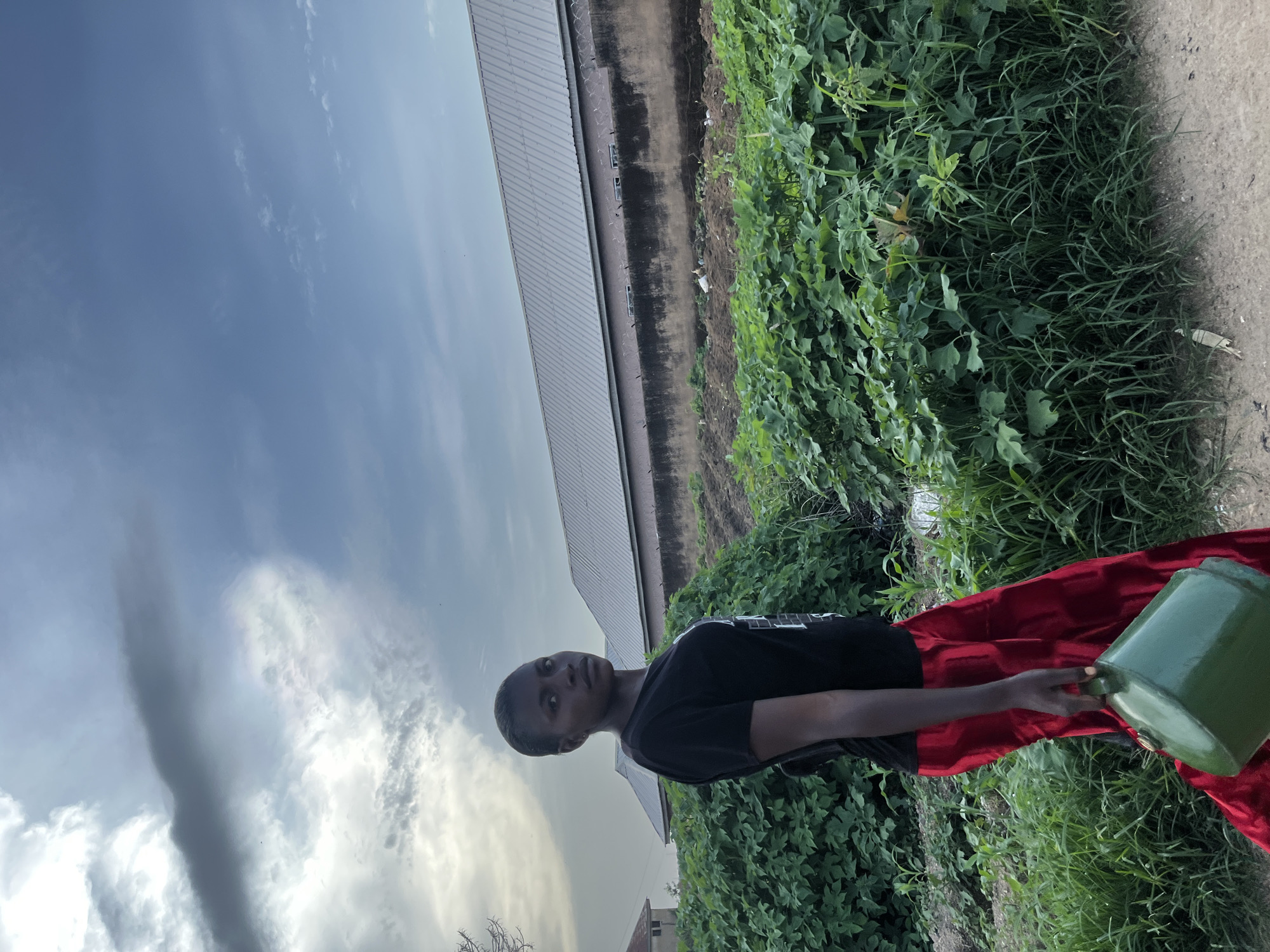 A young Black female stands in a dirt path, looking towards the camera. She has short hair and is wearing a black t-shirt with white lettering and long red patterned pants. She is holding a green plastic jerrycan in her right hand. Behind her, a dense wall of green leafy plants stretches across the midground. Further back, a long, low-rise building with a grey metal roof is visible, bordered by a dark brown wall with small barred windows. The sky above is cloudy, with patches of blue visible. The scene appears to be in an outdoor, possibly rural or semi-urban, environment in Rafin Par, Nigeria.