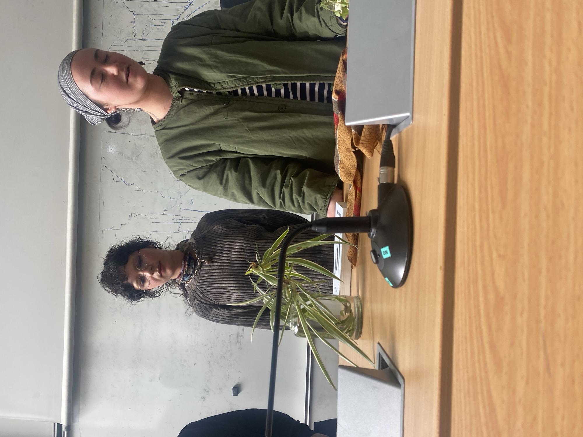 The image shows two people in an indoor setting. One person is wearing an olive green jacket over a striped shirt and a grey head covering. The second person wears a brown striped shirt with a patterned scarf. A plant in a glass jar sits on a wooden desk with a microphone. A grey electronic device is on the desk, next to the plant. A whiteboard with drawings is visible in the background. The location and details do not indicate that the picture was taken in Paris, France. There is nothing in this photograph that suggests it was taken in Paris, France.