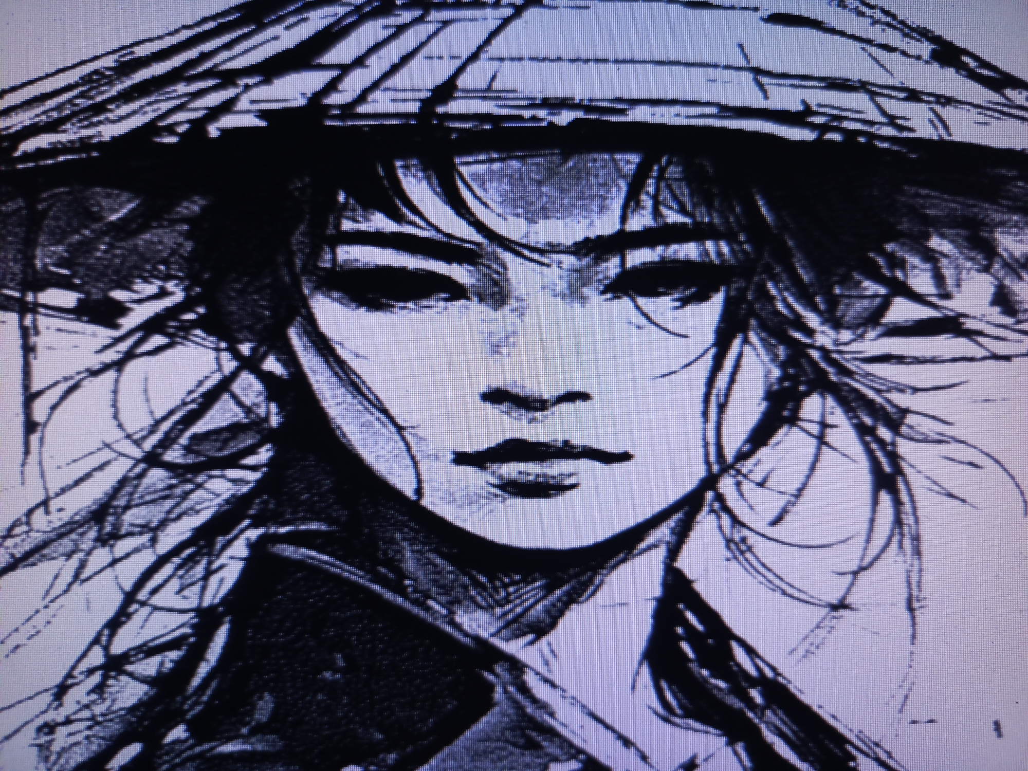 A black and white sketch of a person wearing a straw hat. The person has dark eyes and straight, dark hair. The style of the sketch is loose and sketchy, giving it a dynamic and unfinished feel. The face is the central focus, with the hat framing it from above. Details like clothing are present but not highly defined. The background is plain.